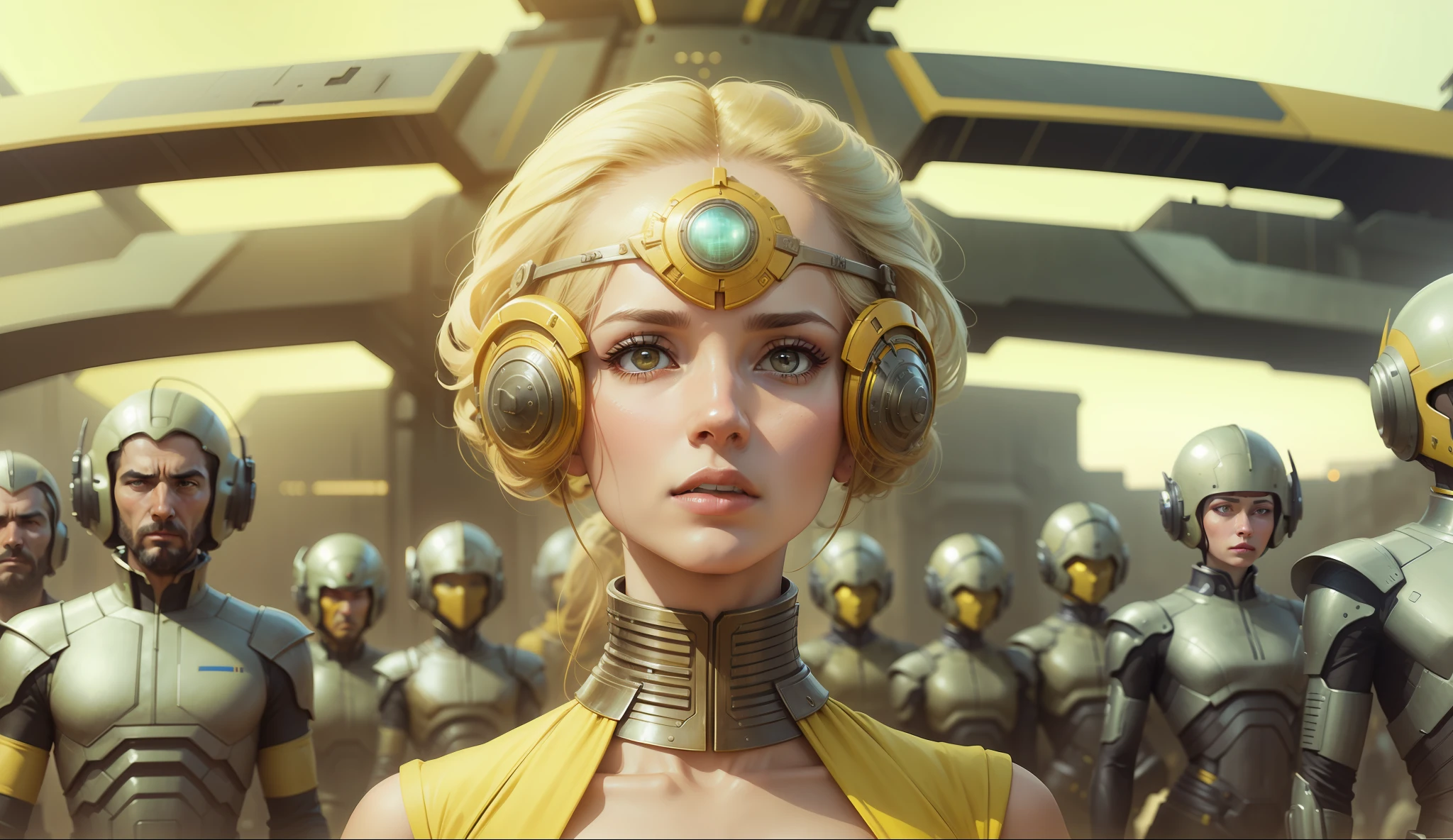 a woman in a yellow dress standing in front of a group of men, a detailed matte painting by Magali Villeneuve, cgsociety, retrofuturism, dystopian art, futuristic, reimagined by industrial light and magic