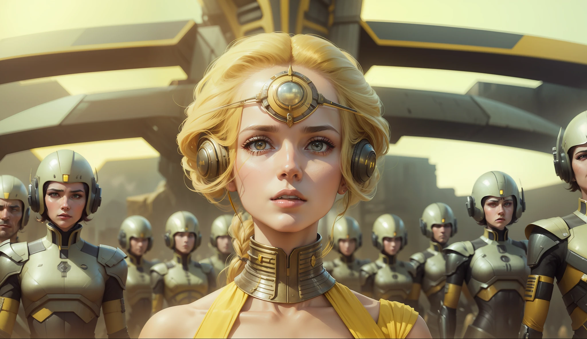 a woman in a yellow dress standing in front of a group of men, a detailed matte painting by Magali Villeneuve, cgsociety, retrofuturism, dystopian art, futuristic, reimagined by industrial light and magic