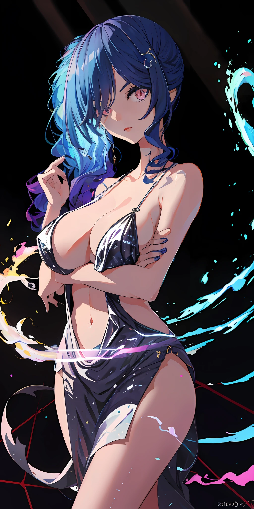 1girl, blue hair, horns, multicolored eyes, glowing, blue eye, purple eye, bare shoulders, demon eyes, magic circle, light particles, light rays, wallpaper,
