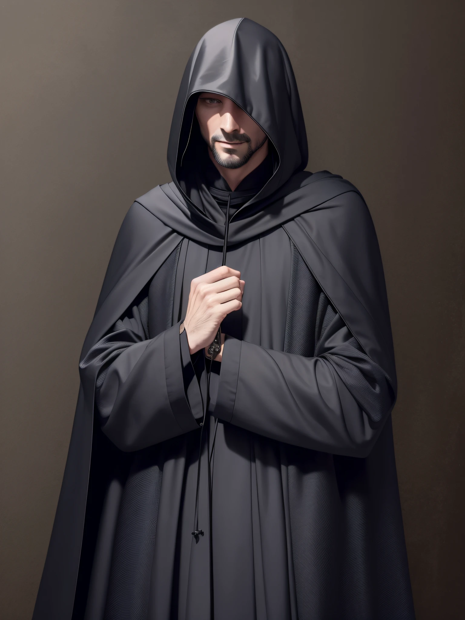 Handsome thin man in an antique black cloak, hood covering his face