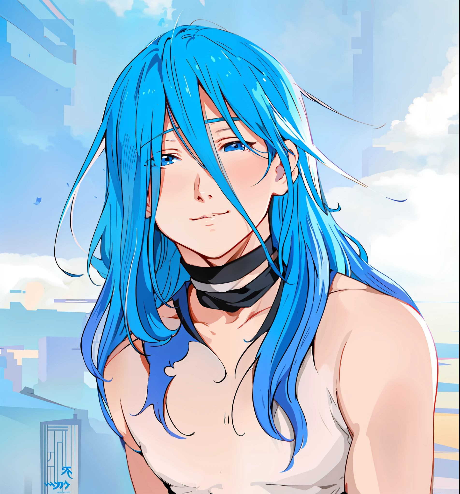 anime man with long blue hair and posing for a photo, 4K anime style,beautiful man, anime style. 8k, soft anime cg art, photorealistic anime girl render, portrait beautiful anime, anime art wallpaper 8 k, anime wallpaper 4 k, anime wallpaper 4k, anime art wallpaper 4k, anime art wallpaper 4k, anime art wallpaper 4k, detailed digital anime art, man, male face, perfect male face, friendly and simple smile,