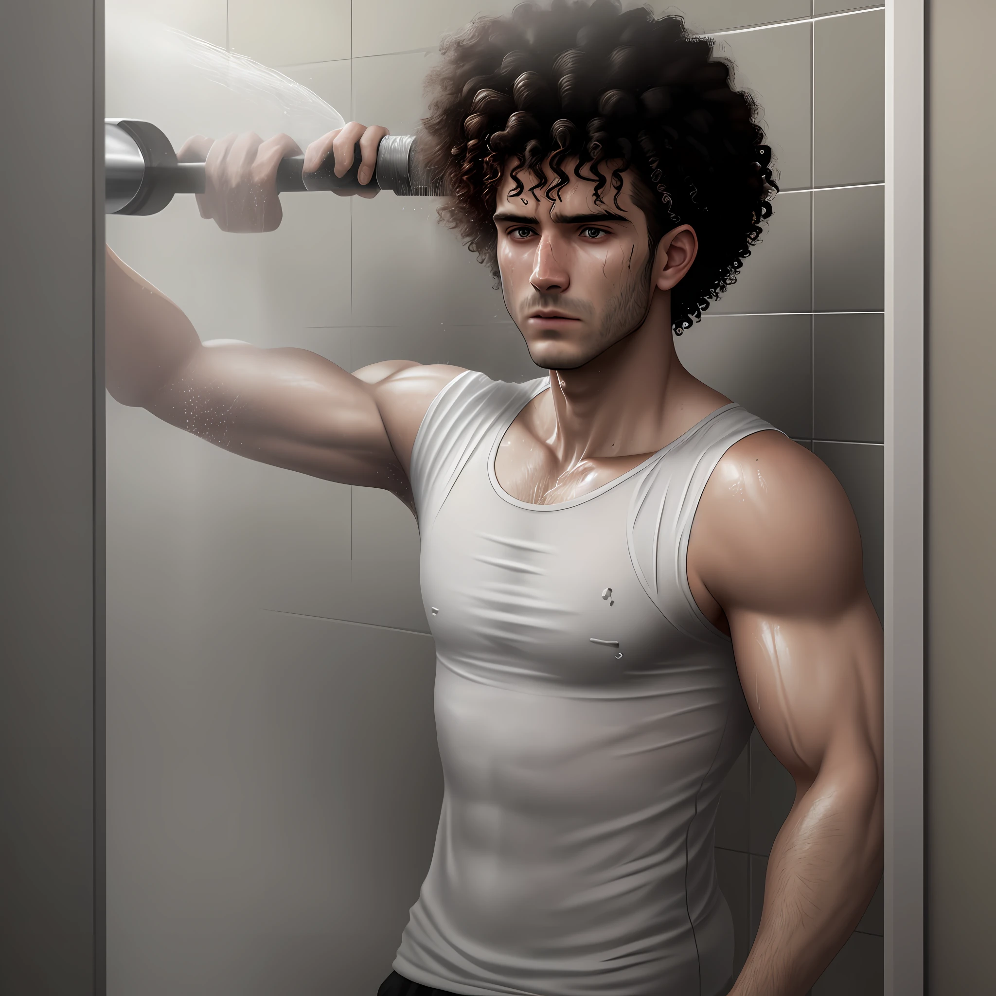 Water coming out of the shower very hot with realistic smoke 8k, young man with shirt in the bathroom wetting his curly hair 8k, in the bathroom, hair is damaged, scary man's face in the realistic shower, 4k, cinematic.