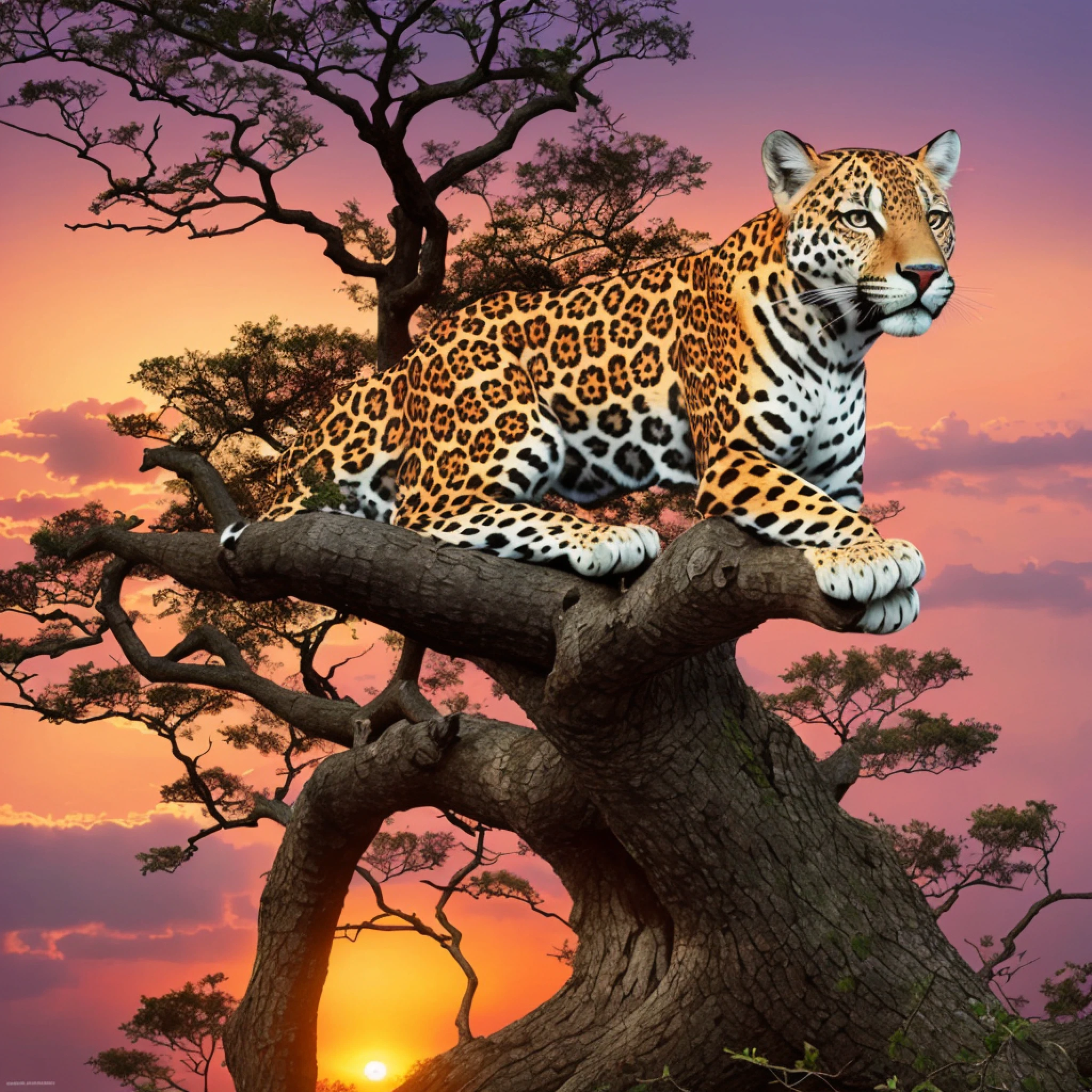 araffe sitting on a tree branch in front of a sunset, jaguar, photorealistic print of exotic, digital art animal photo, by Wayne England, highly detailed digital artwork, detailed beautiful animals, perched in a tree, digital art. highly detailed, majestic pose, photoreal”, beautiful painting of a tall, beautiful nature, sitting on a tree