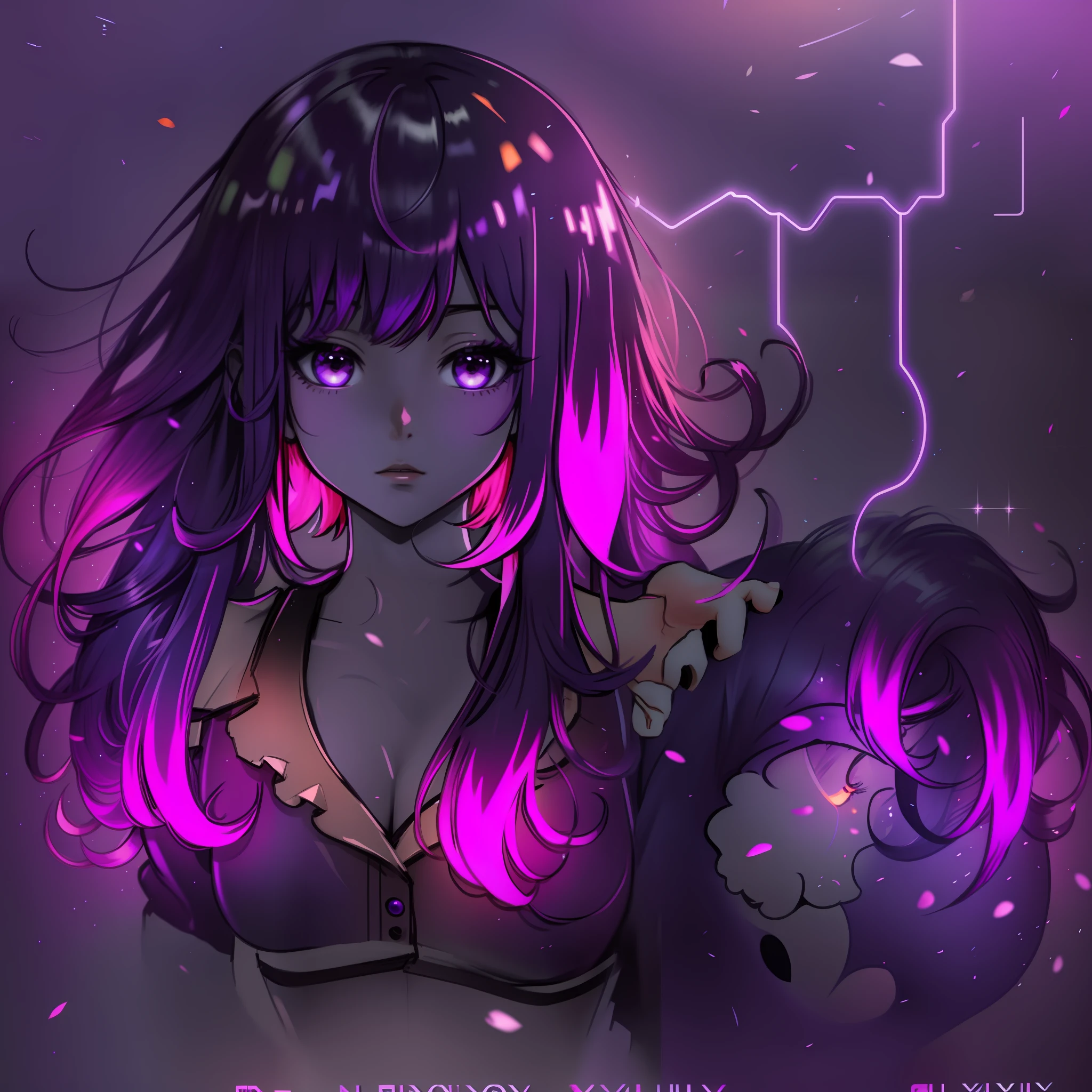 girl anime hair curled flouresente shiny, color purple neon orange neon