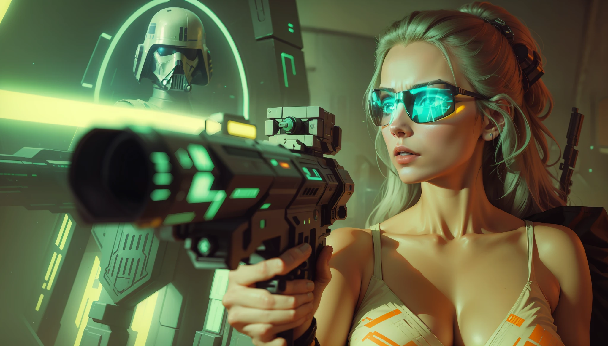 a woman holding a gun in front of a star wars scene, cyberpunk art by Adam Rex, cgsociety, retrofuturism, reimagined by industrial light and magic, futuristic, sci-fi