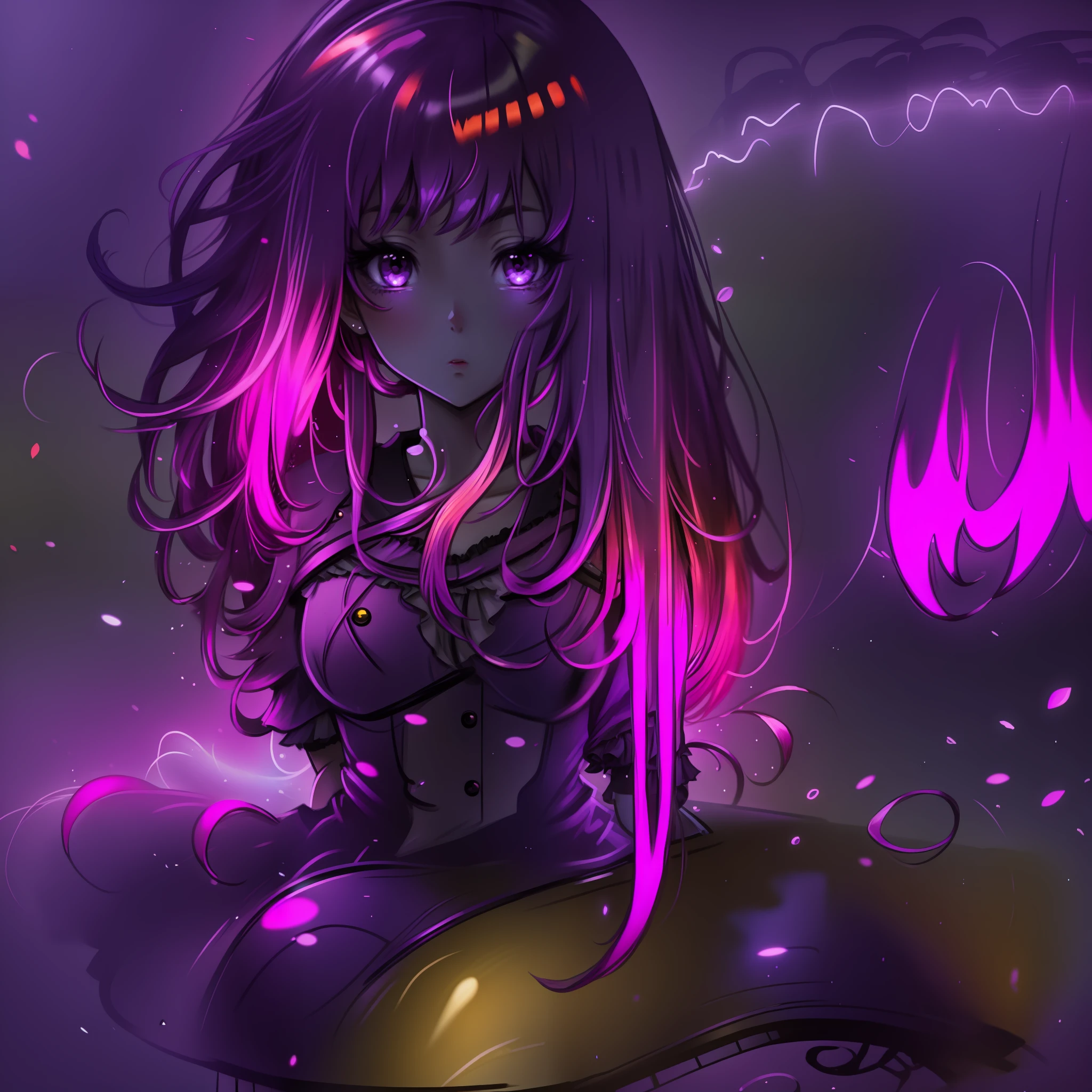 girl anime hair curled flouresente shiny, color purple neon orange neon