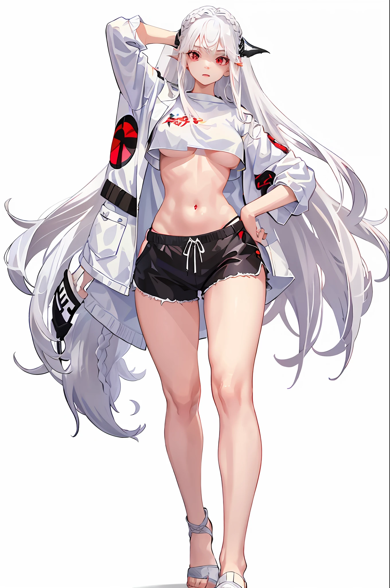 1girl, white hair, red eyes, navel, looking at viewer, hand on hip, black jacket, dolphin shorts, groin, (white shirt:1.2), braid, very long hair, wide hips, 
underboob, shirt, 
big\(BodyProportions\),