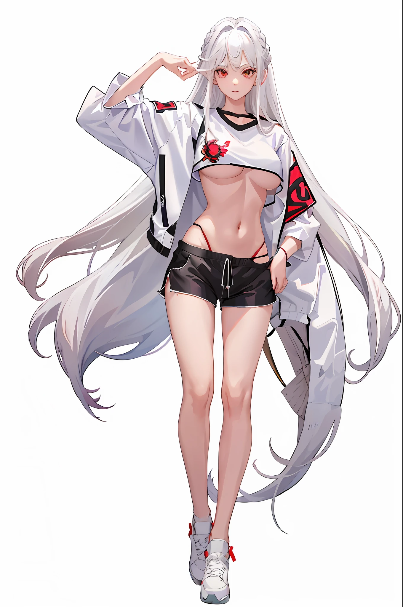 1girl, white hair, red eyes, navel, looking at viewer, hand on hip, black jacket, dolphin shorts, groin, (white shirt:1.2), braid, very long hair, wide hips, 
underboob, shirt, 
big\(BodyProportions\),