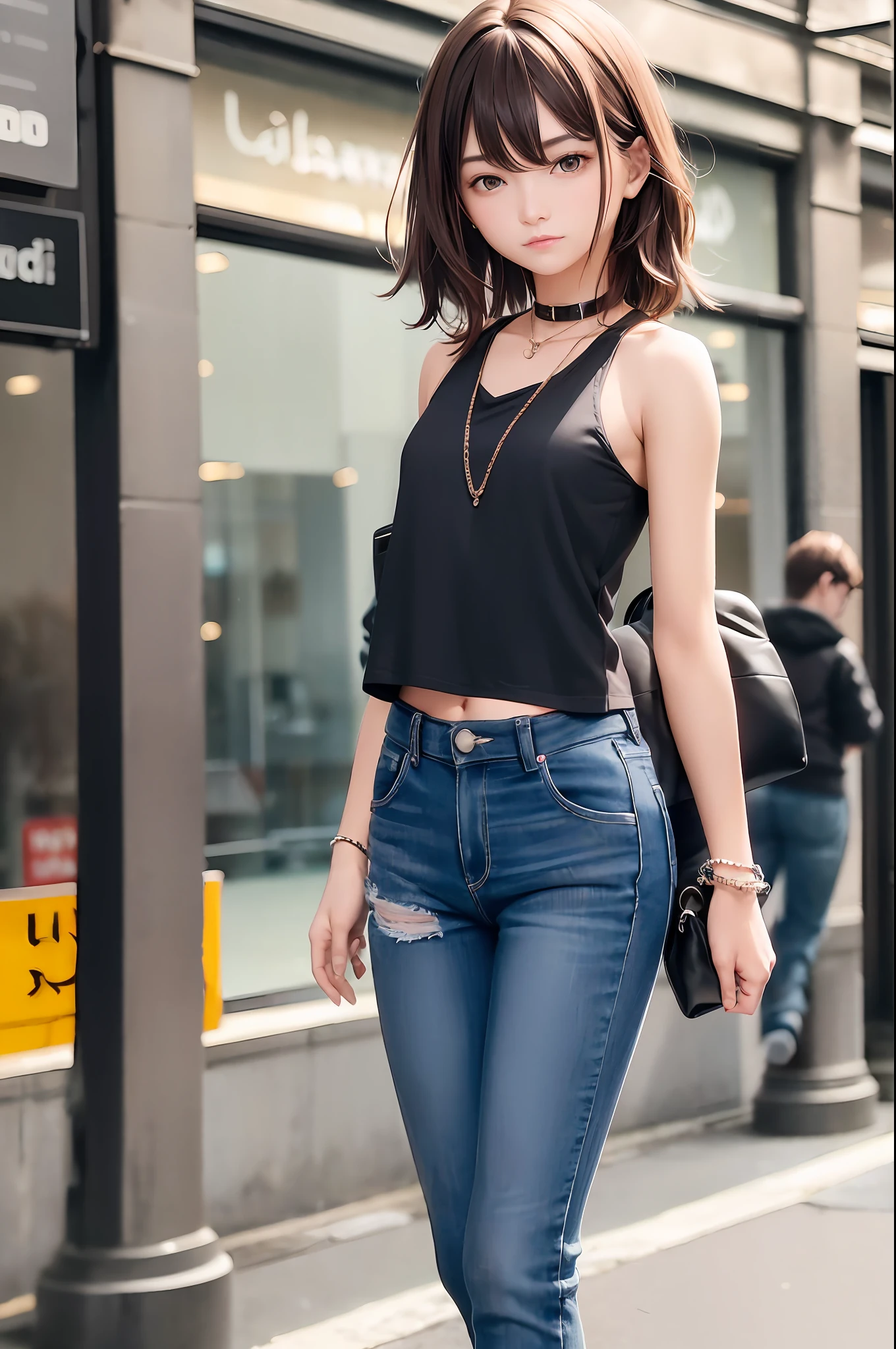 ((Middle chest, tomboy, head small)), (Chiseled abs: 1.1), (Perfect body: 1.1), (Short wavy hair: 1.2), reddish brown hair, collar, chain, full body shot, crowded streets, wearing black tank top, jeans jacket, (Shorts)), (CG 8k wallpaper), (Very delicate and beautiful), (Masterpiece), (Best Quality: 1.0), ( Ultra High Resolution: 1.0), Long Hair