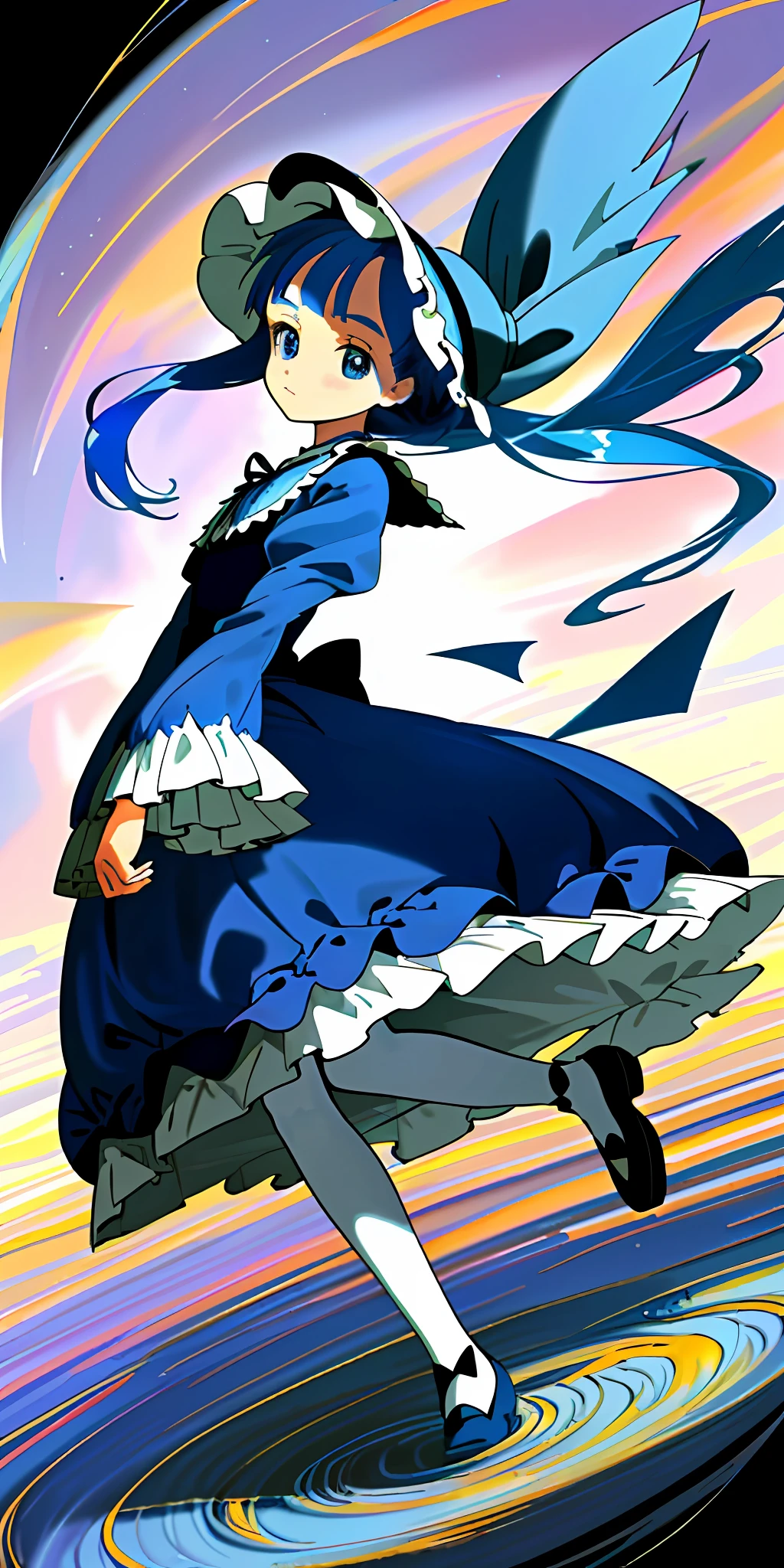 (best quality, masterpiece), little girl, full body, best illustration, dynamic angle, blue eyes, anime, anime face, anime style, pixiv, finely detail, cute, beautiful detailed eyes, Little girl, blue hair, half-up hair, expressionless face, long navy blue Lolita style dress, bonnet hat, magical girl, cornflower field