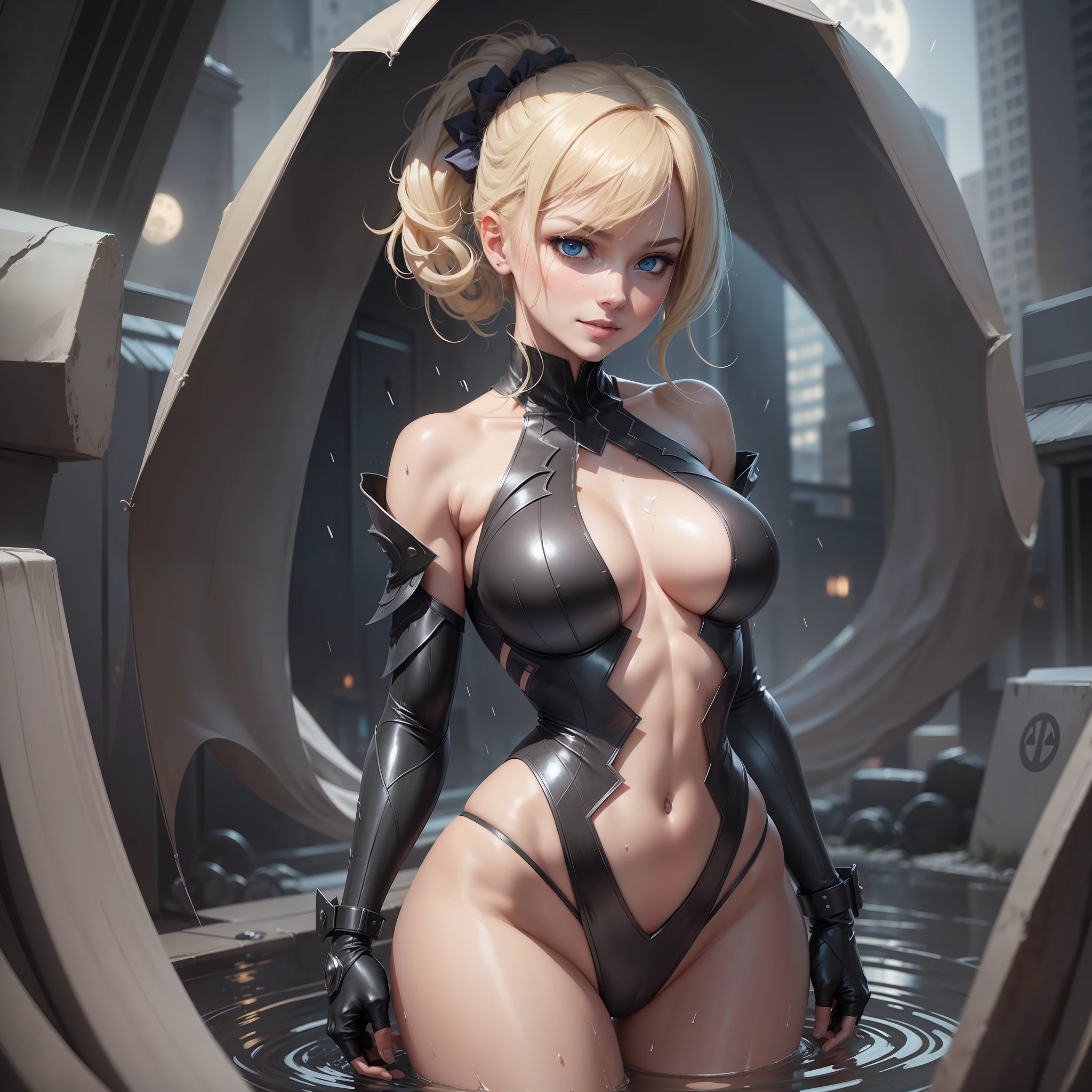 "Full body photo standing on the ground", "Ghost Spider in organic white clothing with black emblem tight on the body, big breasts, well defined body, short blonde hair and blue eyes", "she is looking directly at the viewer, clenched fists up, flamboyant position, she is on top of a building at night with a beautiful luminous full moon, anatomically correct raining, her hair and clothes are all soaked in water, the clothes are semi transparent", "Mortal Kombat Style, embarrassed, seductive smile, Anime Style, Action painting, 16k, best quality, high details, UHD, masterpiece, anatomically correct"