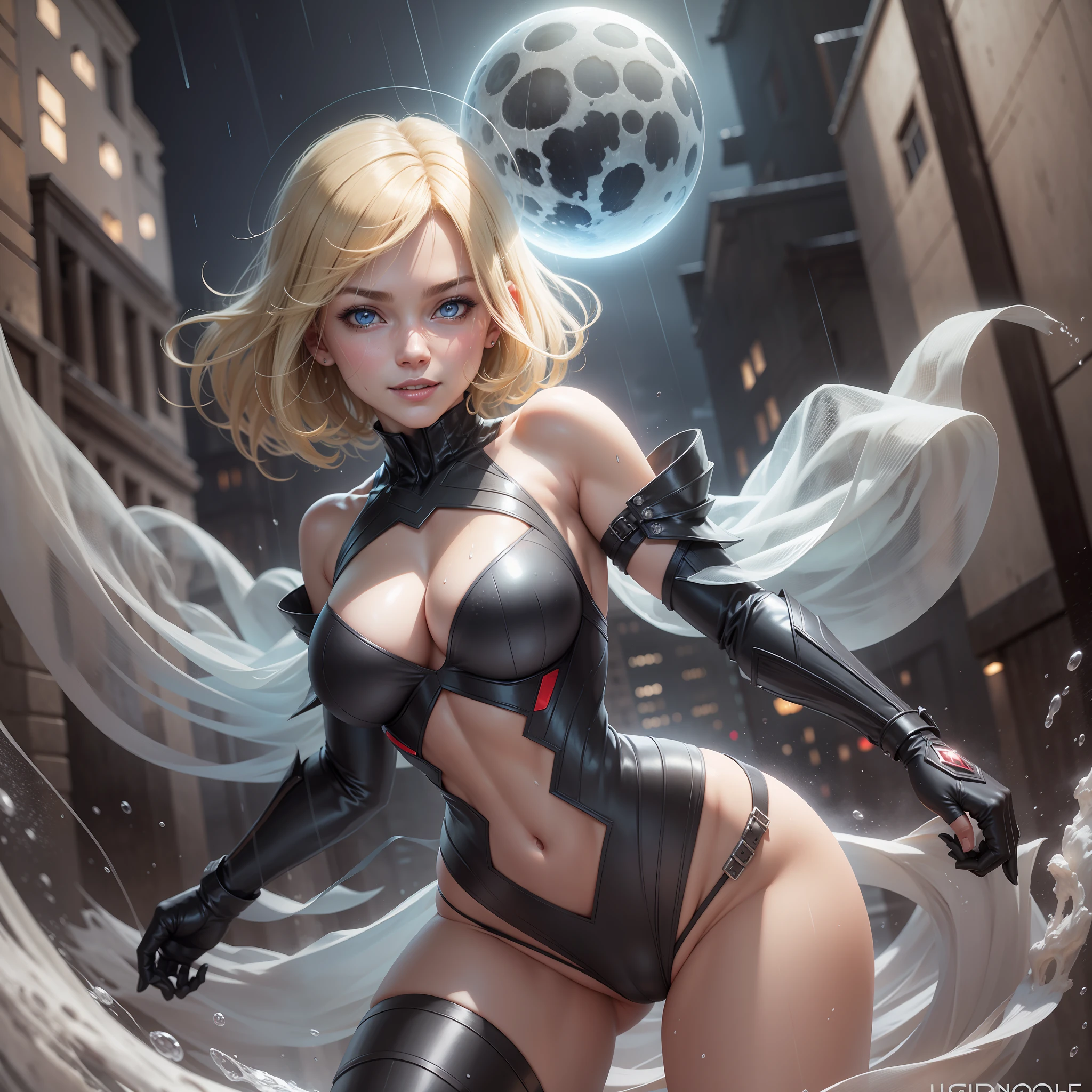 "Full body photo standing on the ground", "Ghost Spider in organic white clothing with black emblem tight on the body, big breasts, well defined body, short blonde hair and blue eyes", "she is looking directly at the viewer, clenched fists up, flamboyant position, she is on top of a building at night with a beautiful luminous full moon, anatomically correct raining, her hair and clothes are all soaked in water, the clothes are semi transparent", "Mortal Kombat Style, embarrassed, seductive smile, Anime Style, Action painting, 16k, best quality, high details, UHD, masterpiece, anatomically correct"