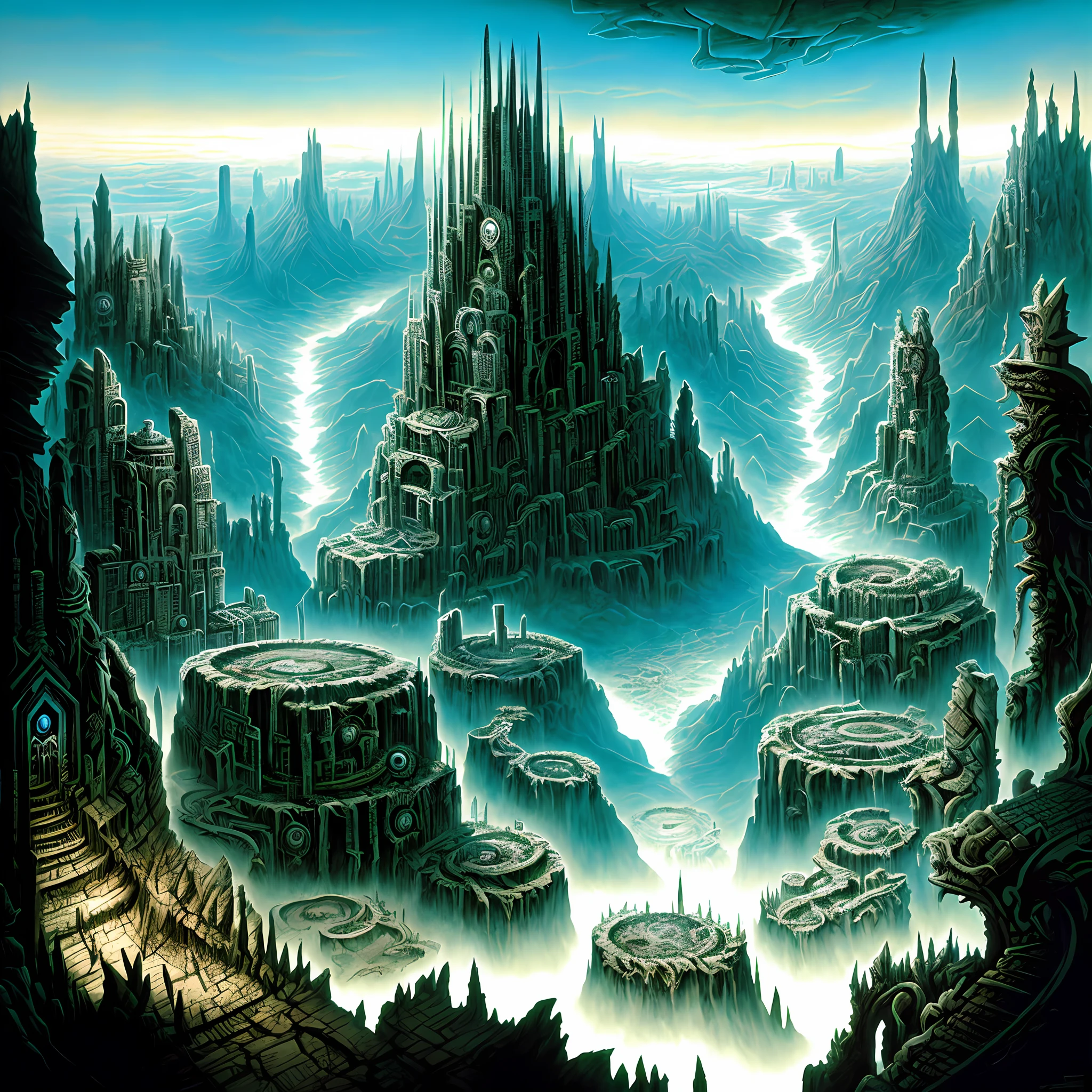 View from the top of the peak, inside of a Futurist scenario of horror, rotten ends monuments, biomorphic dark valley, machine evil totems, an abyss and polluted waterfall around Strong shadows. Horror art, color drawing, hyperdetailed, Intrincated details, art by Derek Riggs and Dan Seagrave and H.R. Giger