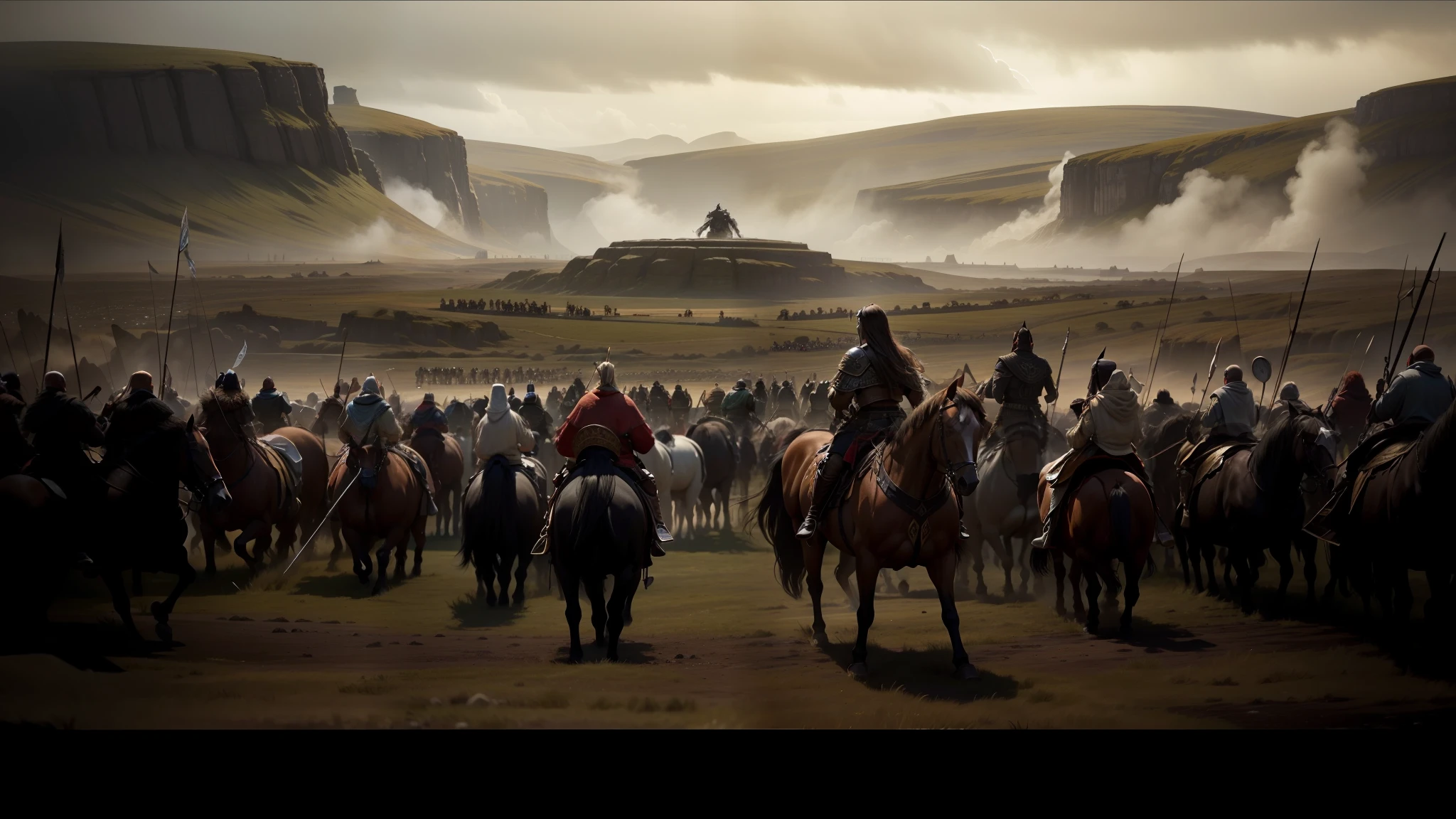 there are many people riding horses in a field with a lot of people, concept art futuristic norse, photo of genghis khan, in screenshot from the 300 movie, flat matte painting, faroe, women fighting men, epic diptych, cgsociety award, by John Laviers Wheatley, drogon, scottish highlands