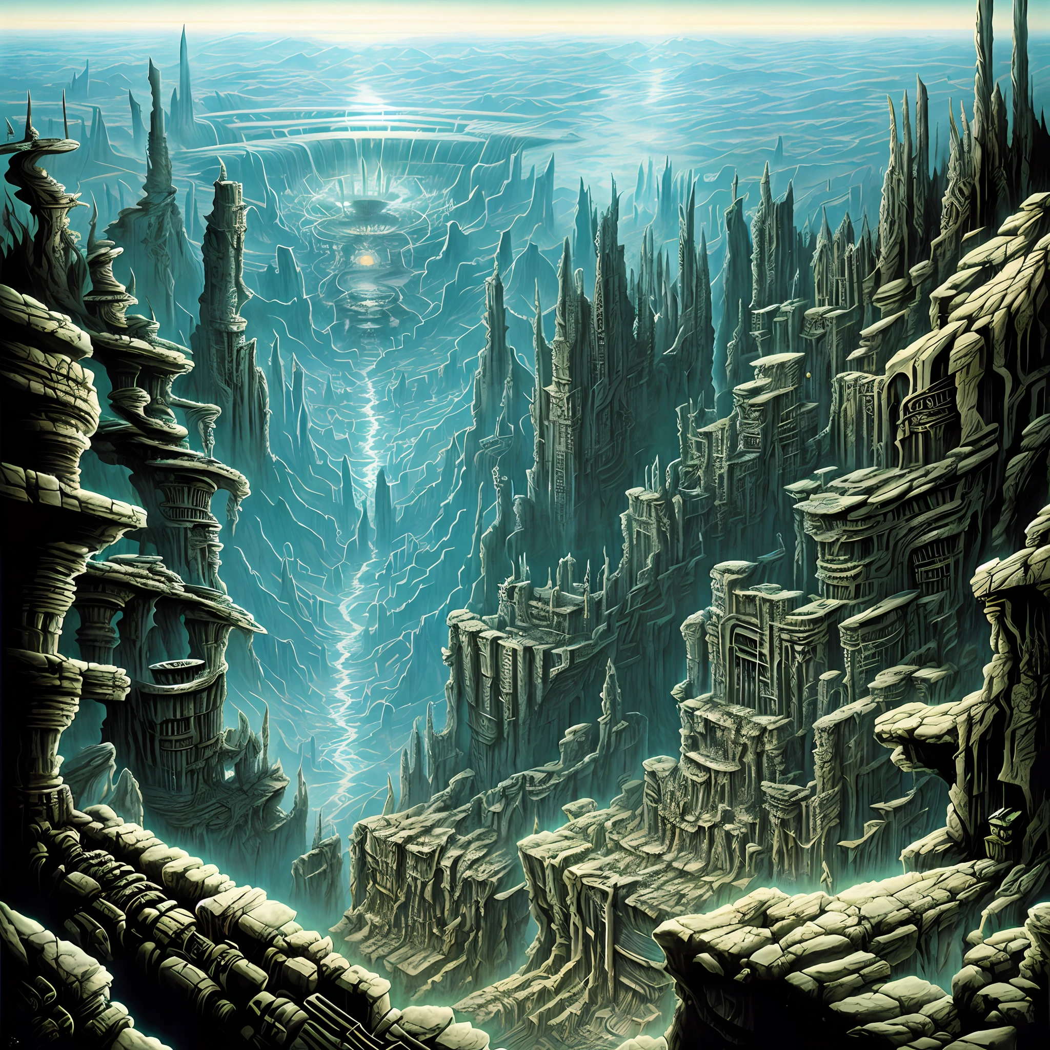 View from the top of the peak, inside of a Futurist scenario of horror, rotten ends monuments, biomorphic dark valley, machine evil totems, an abyss and polluted waterfall around Strong shadows. Horror art, color drawing, hyperdetailed, Intrincated details, art by Derek Riggs and Dan Seagrave and H.R. Giger