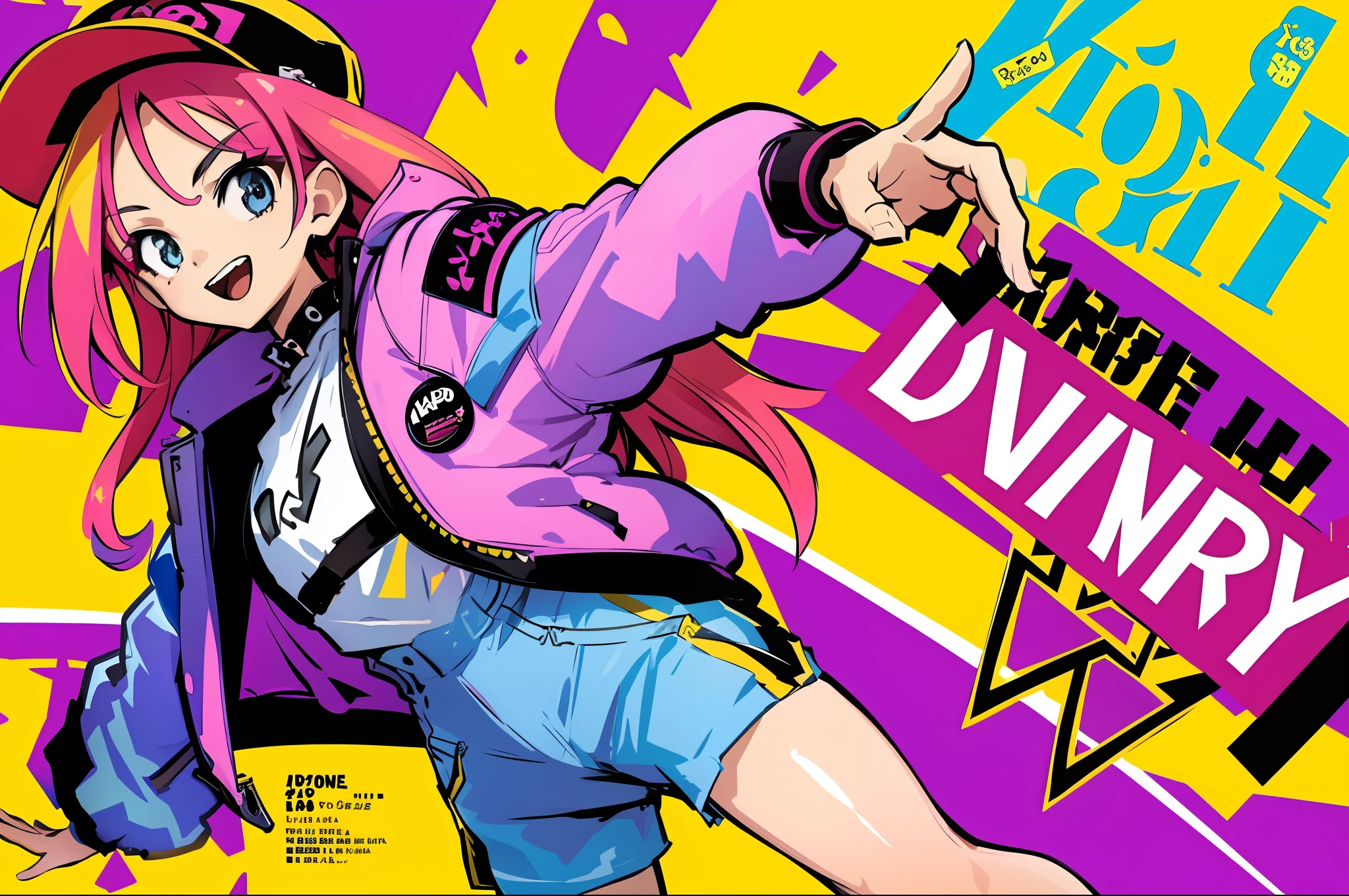 1girl, sfw, cap, shorts, jacket, (Magazine cover style illustration of a fashionable woman in a vibrant outfit posing in front of a colorful and dynamic background. She has a confident expression and is doing a pose. The cover text should be bold and eye-catching, with the title of the magazine and a catchy headline (should read: Divine AIIart). The overall style should be modern and modern, with a focus on fashion and lifestyle), wallpaper, crowds, fashion, contrapposto, feminine approach, model, cool