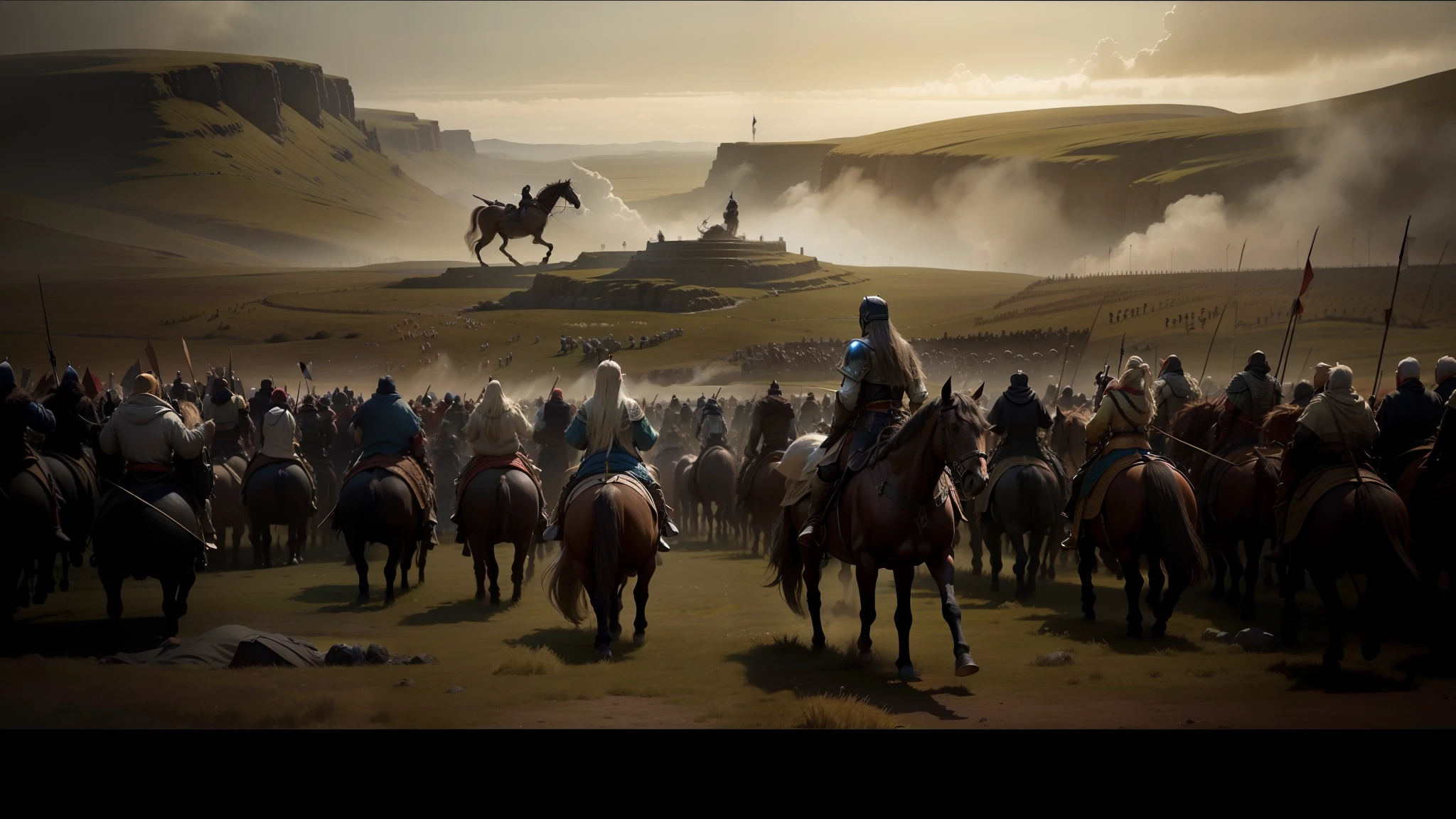 there are many people riding horses in a field with a lot of people, concept art futuristic norse, photo of genghis khan, in screenshot from the 300 movie, flat matte painting, faroe, women fighting men, epic diptych, cgsociety award, by John Laviers Wheatley, drogon, scottish highlands