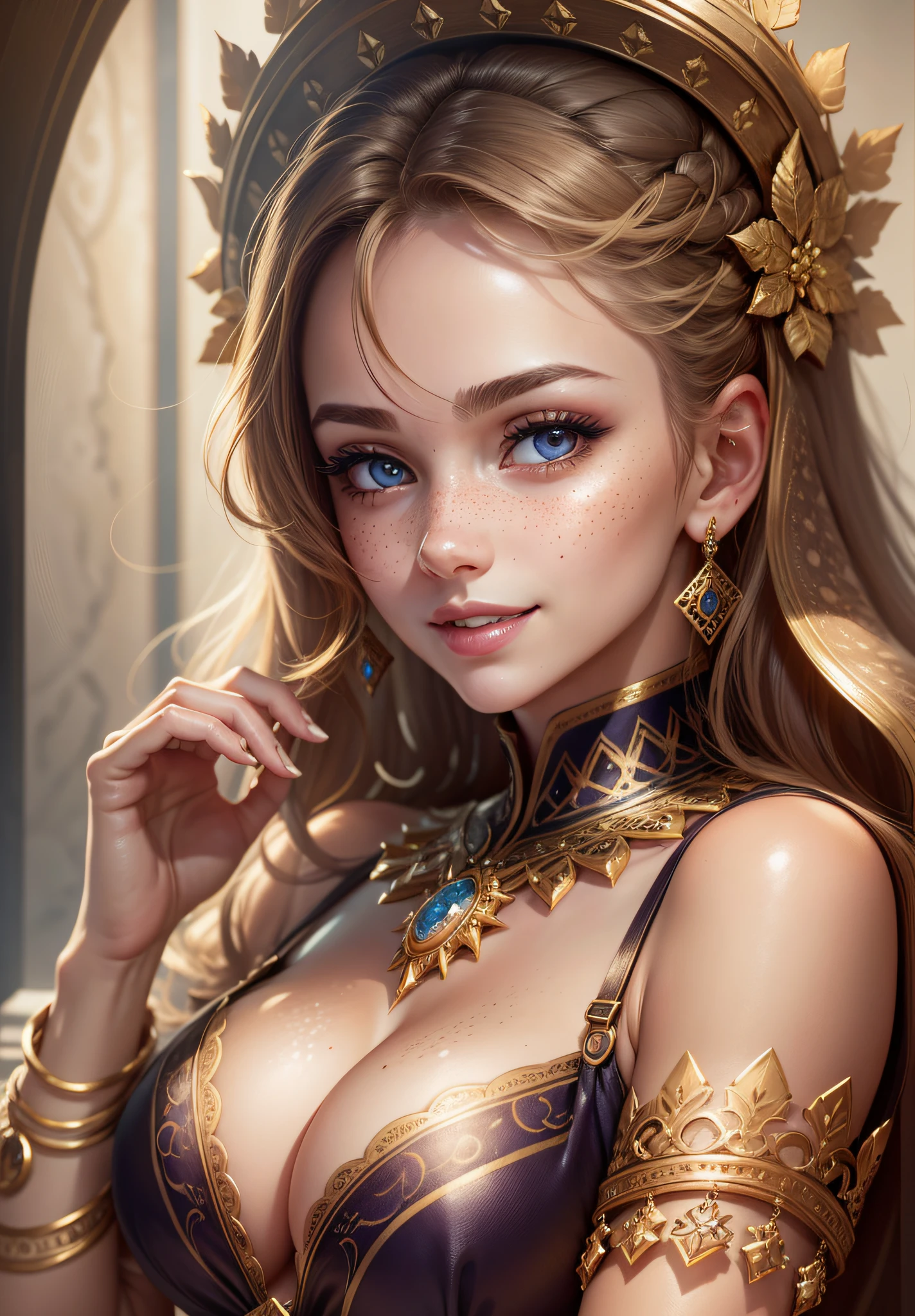close-up of a beautiful female face, gorgeous eyes, intricate, cleavage, soft lips, smiling, naughty, seductive glance, freckles, crown, jewelry