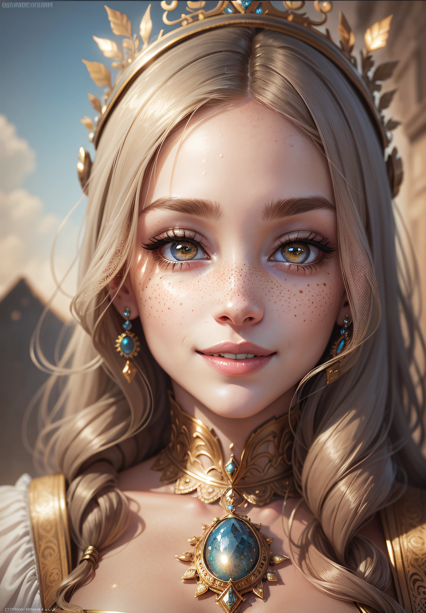 close-up of a beautiful female face, gorgeous eyes, intricate, cleavage, soft lips, smiling, naughty, seductive glance, freckles, crown, jewelry