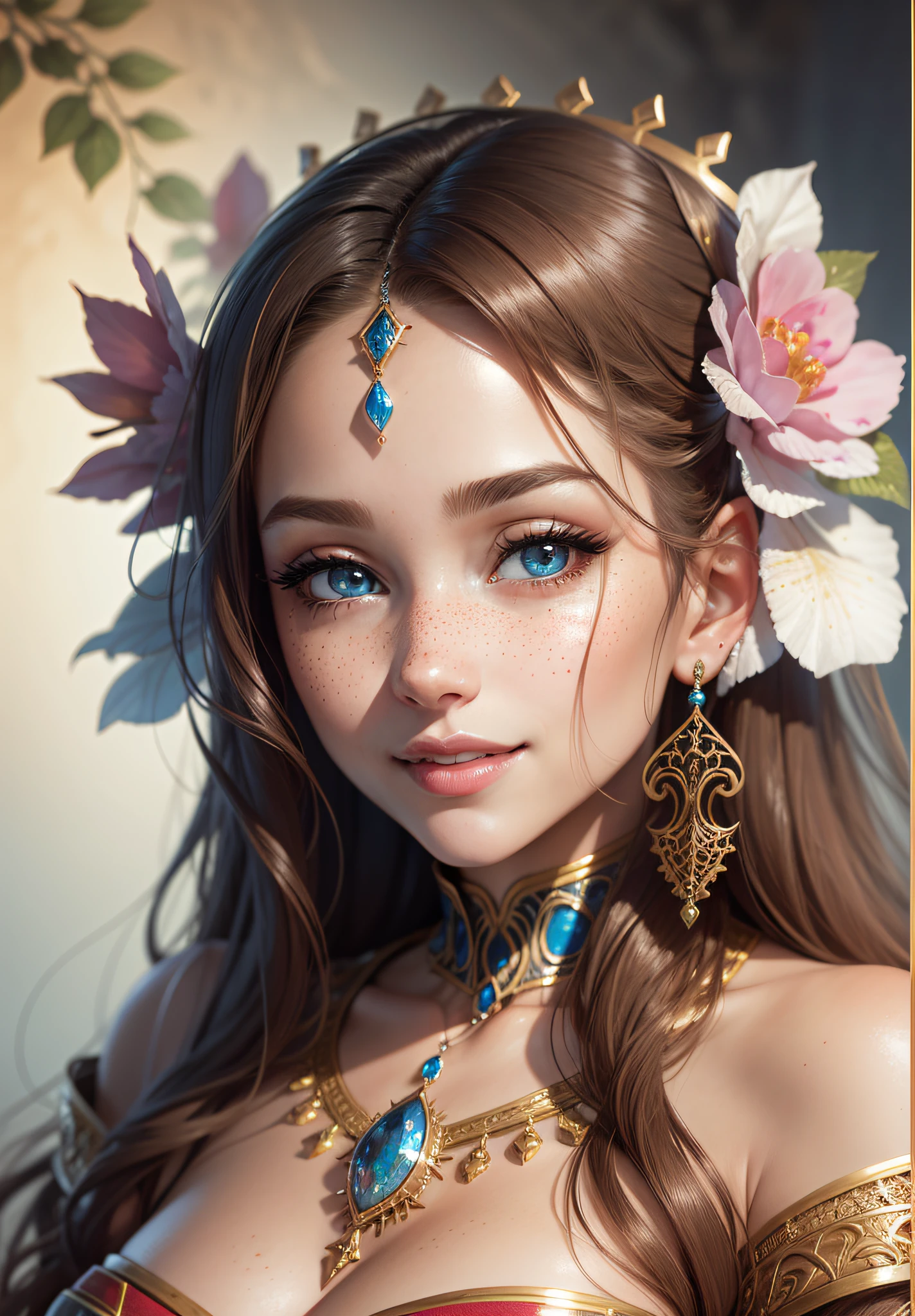 close-up of a beautiful female face, gorgeous eyes, intricate, cleavage, soft lips, smiling, naughty, seductive glance, freckles, crown, jewelry