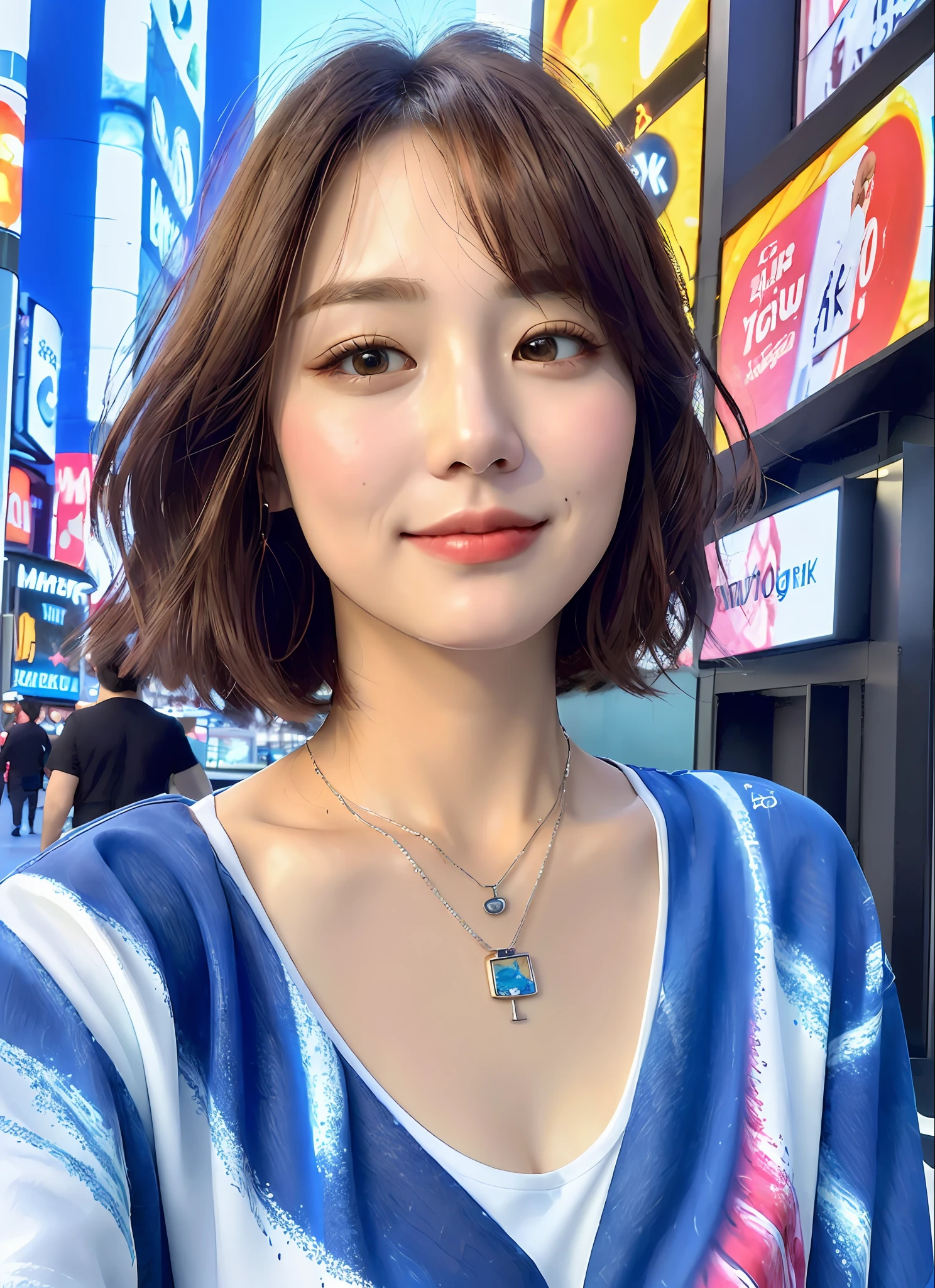 ((Best quality, 8k, Masterpiece :1.3)), A pretty woman with perfect figure :1.4, Layered haircut, Breasts, Wearing pendant, White v neck t-shirt covered by cyber print jacket, Time square, New York, Highly detailed face and skin texture, Detailed eyes, Double eyelid