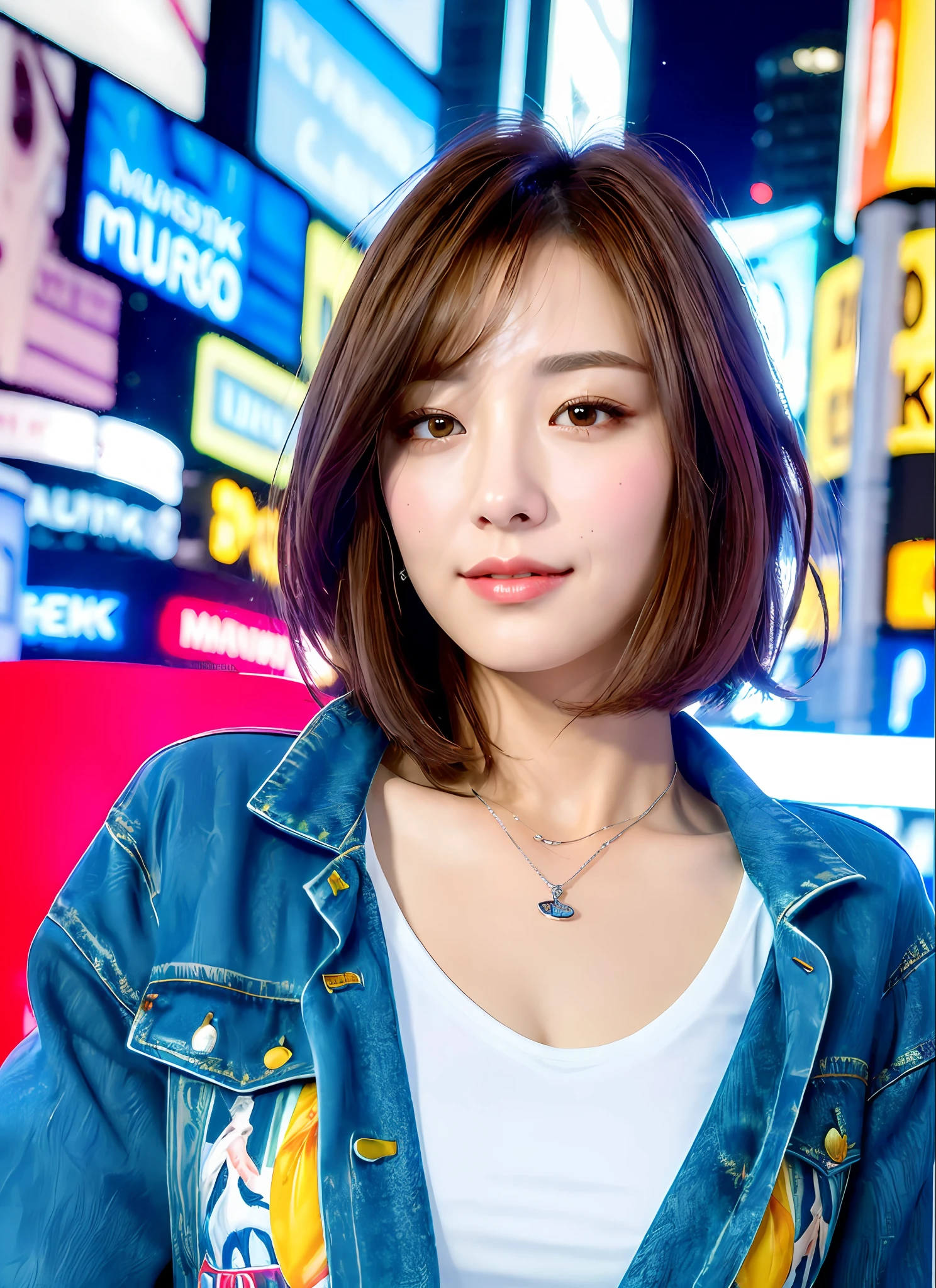 ((Best quality, 8k, Masterpiece :1.3)), A pretty woman with perfect figure :1.4, Layered haircut, Breasts, Wearing pendant, White v neck t-shirt covered by cyber print jacket, Time square, New York, Highly detailed face and skin texture, Detailed eyes, Double eyelid