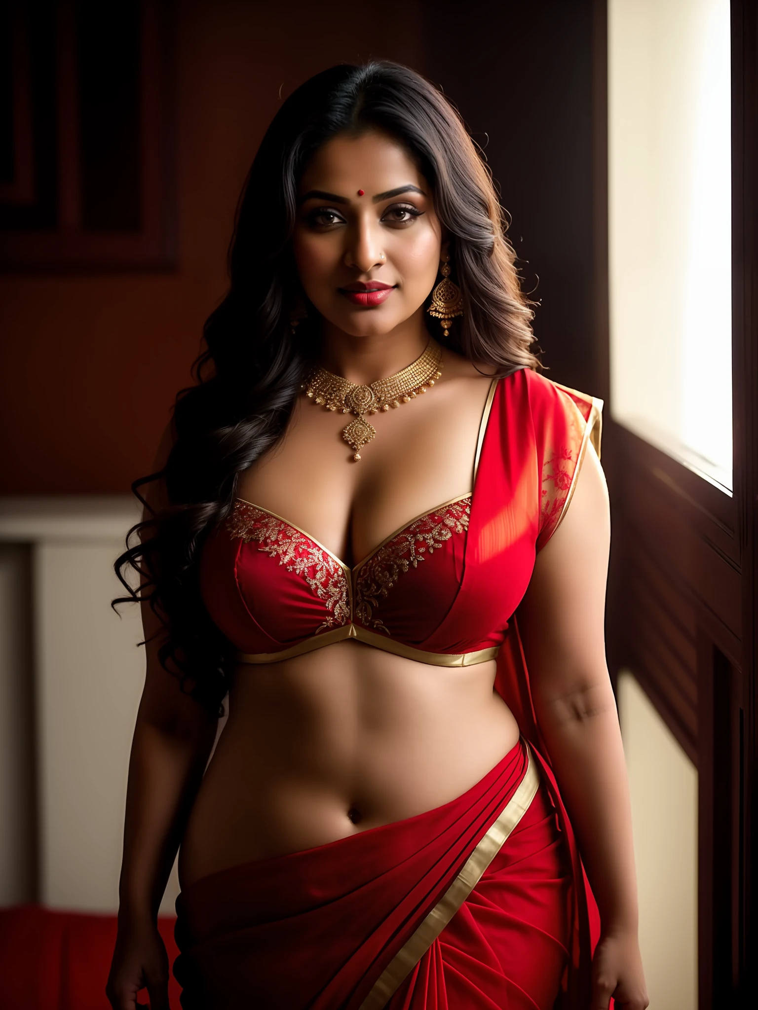 night scene, close up photo of a sexy married bengali woman, posing, curvy body, wearing saree, large breasts, cleavage show, chubby cheeks, deep navel, nose ring, earring, seductive face, looking at the camera, dark red lipstick, slightly open lips, golden saree with red blouse, 18 year old girl, soft volumetric lights, (backlit:1.3), (cinematic:1.3), intricate details, (ArtStation:1.2)