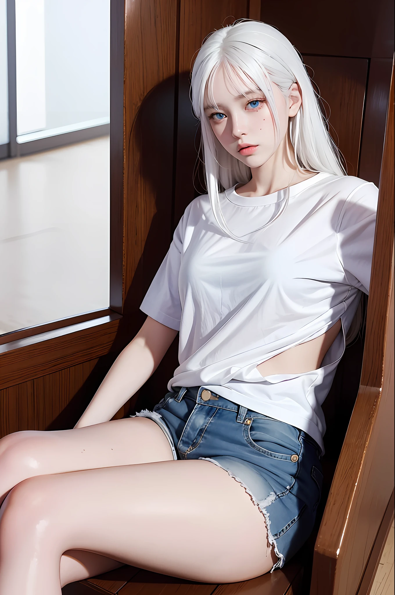realistic, high resolution, girl, white hair, korean, blue eyes, small moles under the eyes, loose white shirt, sports shorts, big house, thick thighs, legs crossed, sitting, pale skin, melancholy eyes