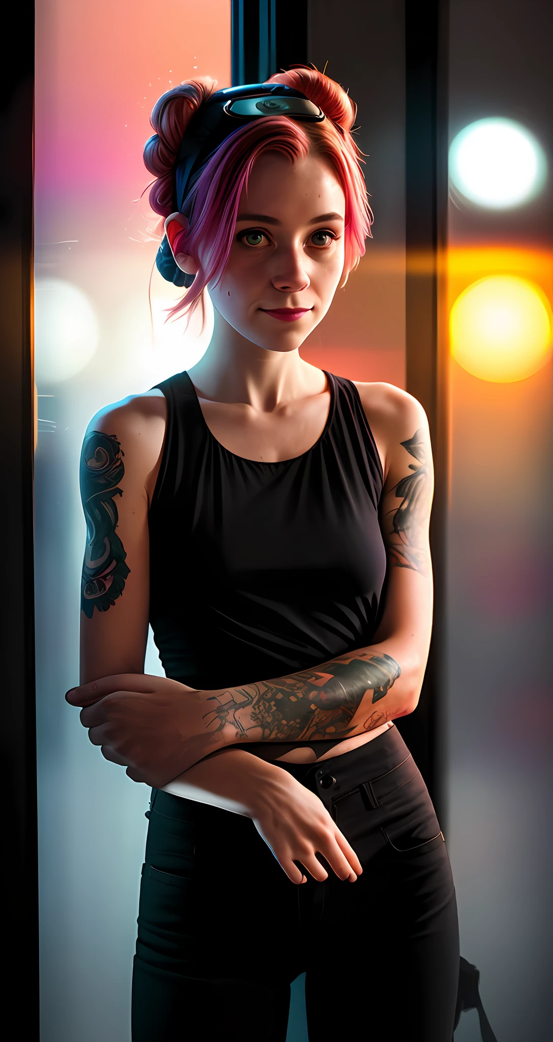 abstract colors, texture, film grain, skin pores, dusty atmospheric haze, vignetting, wrinkles:0.2 intricate hasselblad dslr RAW dramatic portrait, 1.2 smiling thoughtfully, petite nerd-gothic chick in (tight shabby black jeans)1.4, in a tank top)1.2, (space buns)1.3, analog eye contact without selfie filter, posing against a wet rainy window overlooking rainy (neon solarpunk)1.2 Night city street,  (backlight)1.2, (film grain)1.2, cinematic still from the movie, dark low-rise jeans, tattoos, combat boots, pensive smile, beautiful 1 girl, solo, Sakura Haruno, pink hair, braided eyes