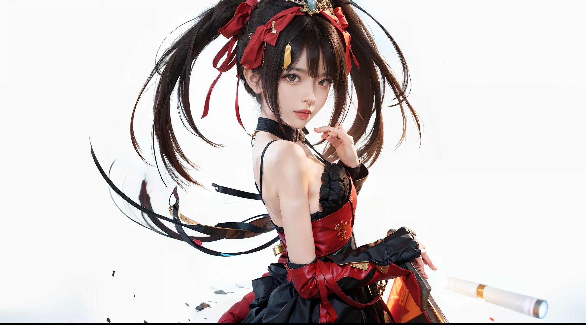 masterpiece, best quality, 1girl portrait, ultra realistic, black hair, red and yellow eye, ray tracing, 8k,