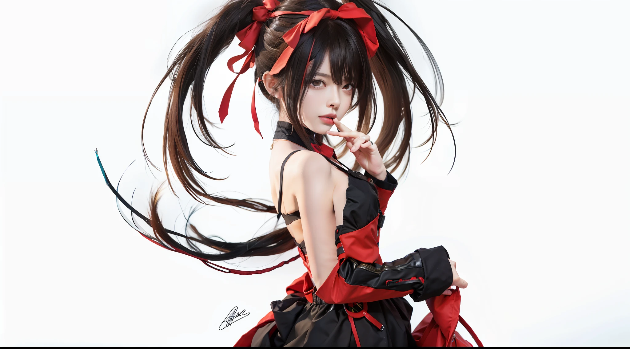 masterpiece, best quality, 1girl portrait, ultra realistic, black hair, red and yellow eye, ray tracing, 8k,