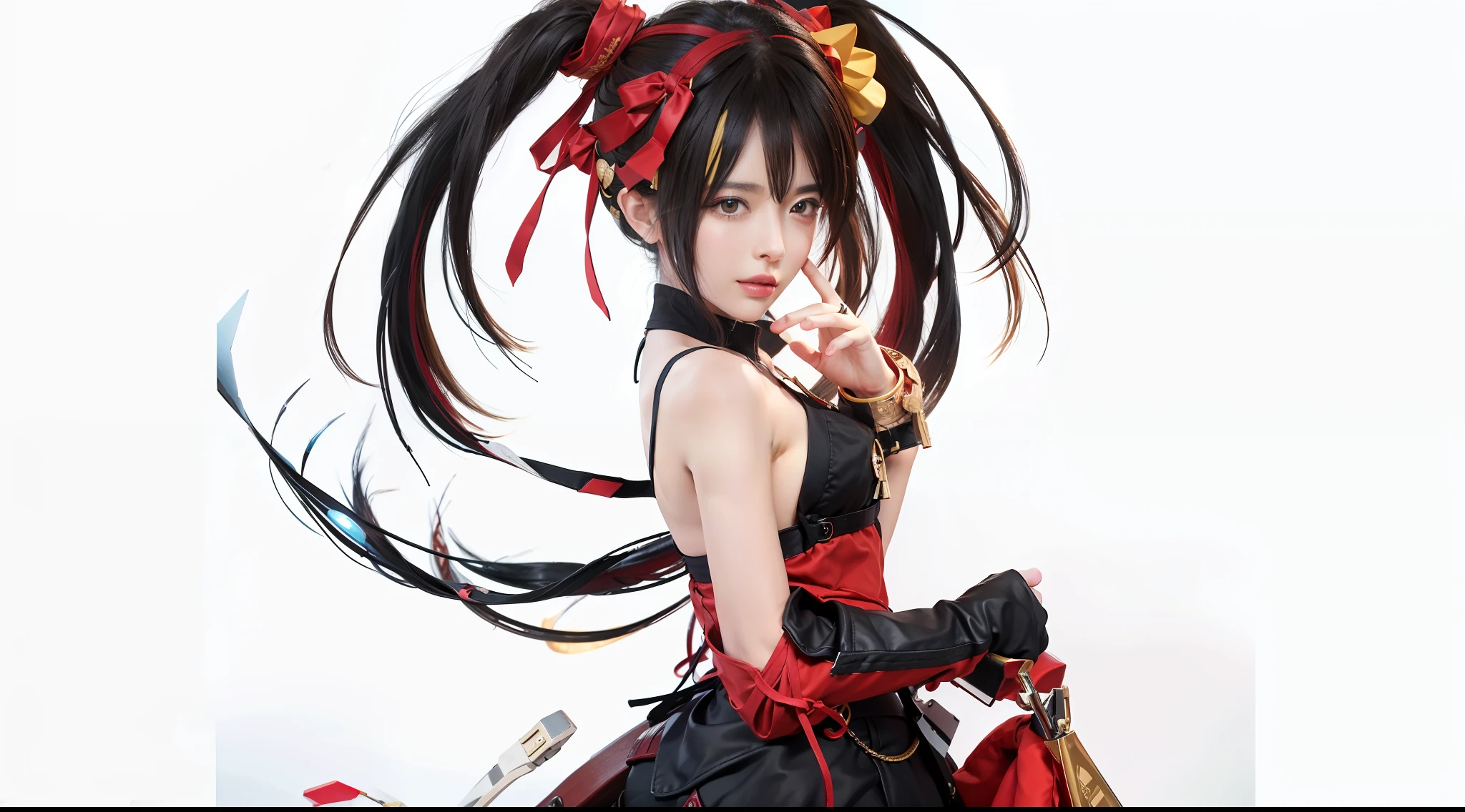 masterpiece, best quality, 1girl portrait, ultra realistic, black hair, red and yellow eye, ray tracing, 8k,