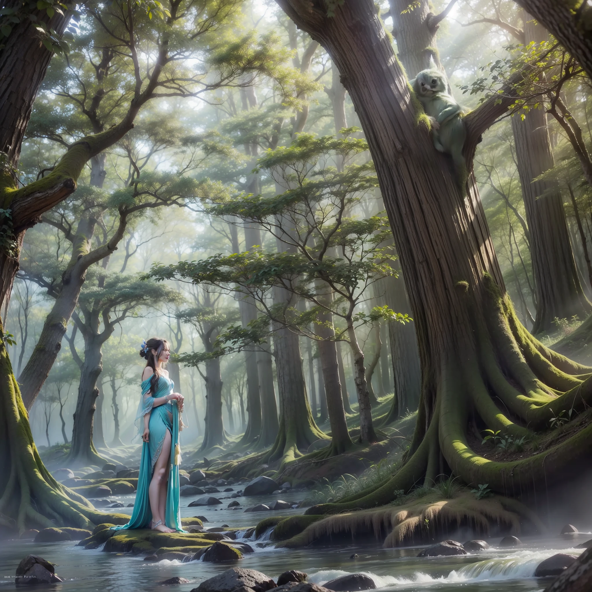 Tall and ancient trees, soft lights, animals and fairies, creating an atmosphere of peace and mystery, which inspires imagination and joy.