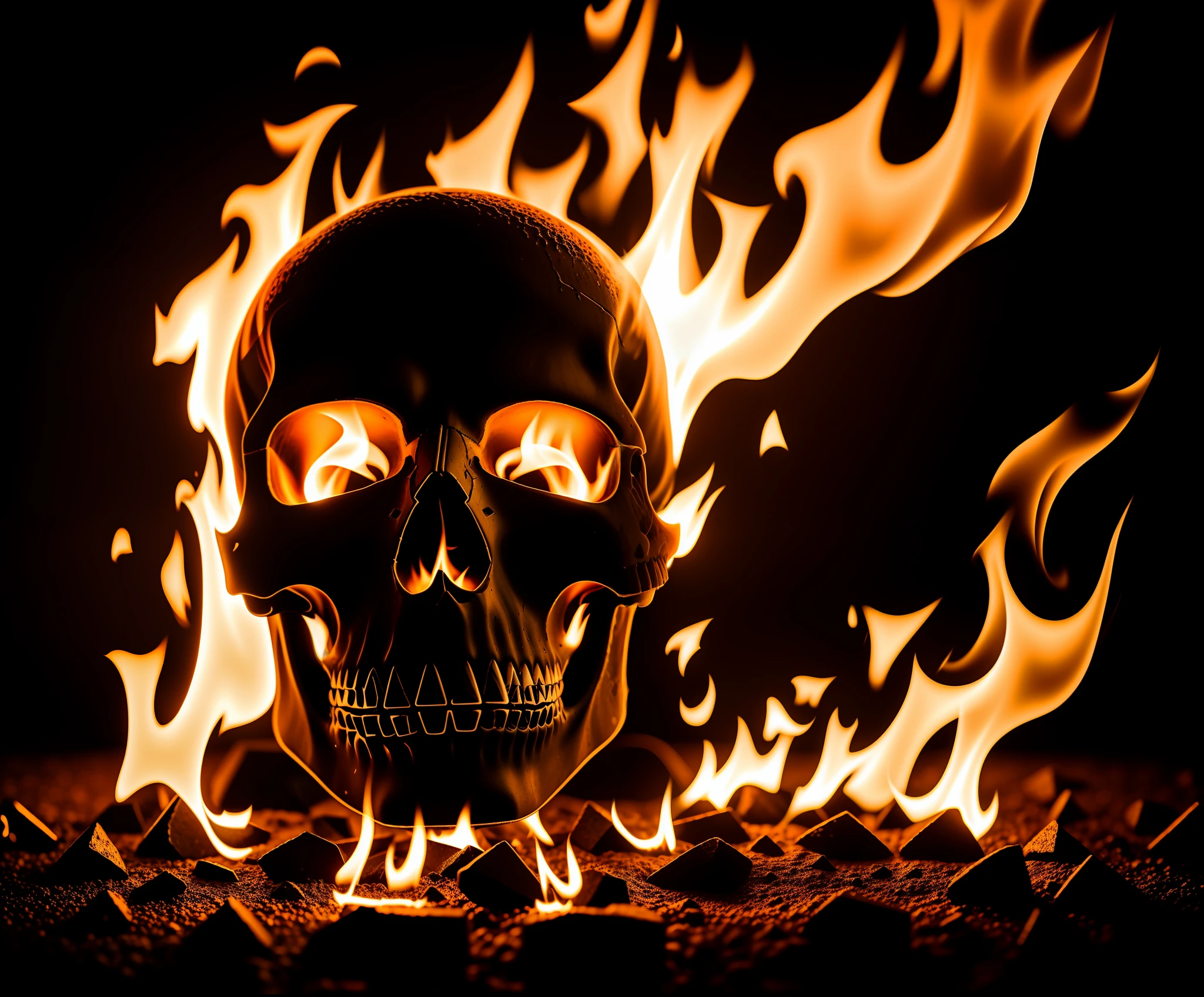 Skull burning in black fire on gray background