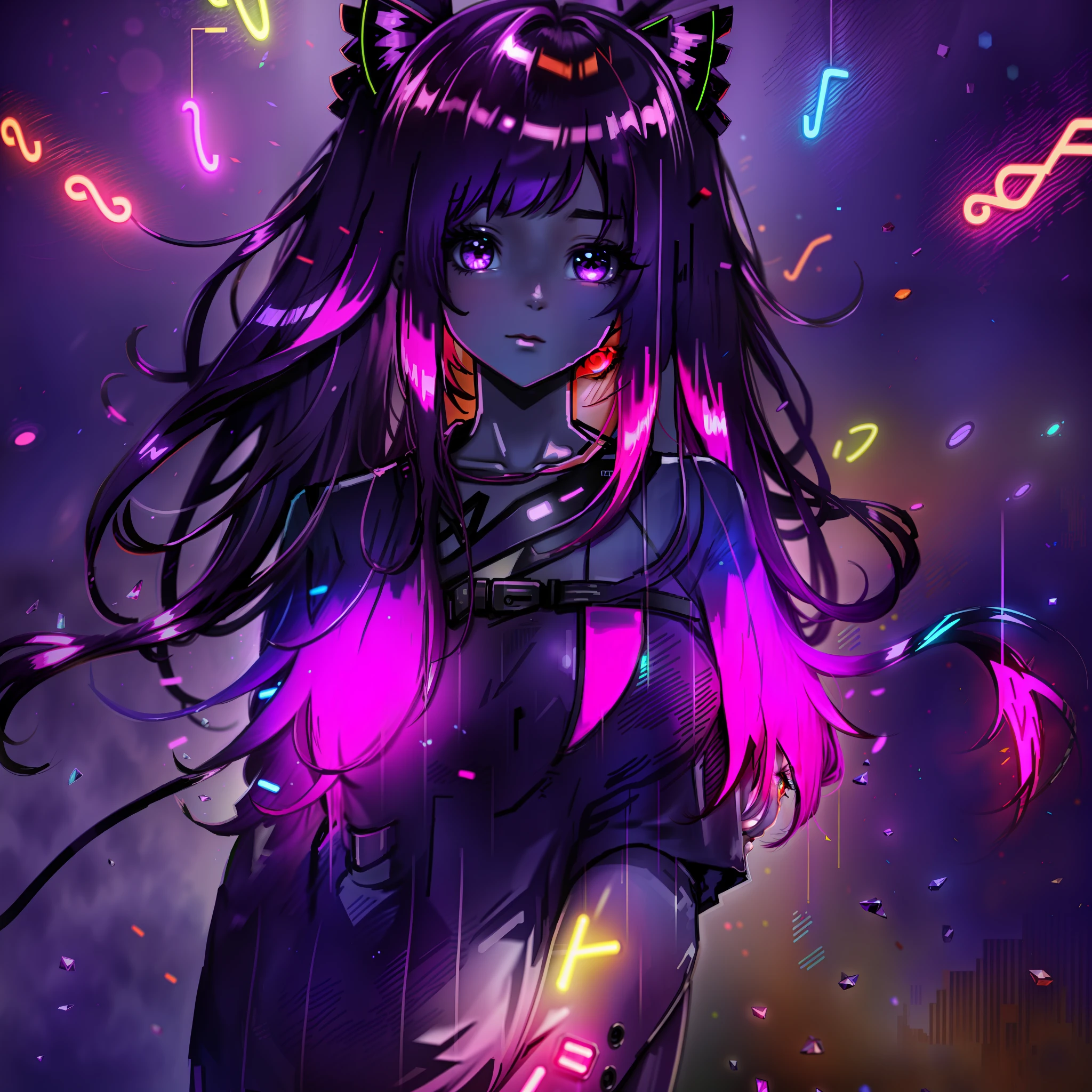 girl anime hair curled flouresente shiny, color purple neon orange neon