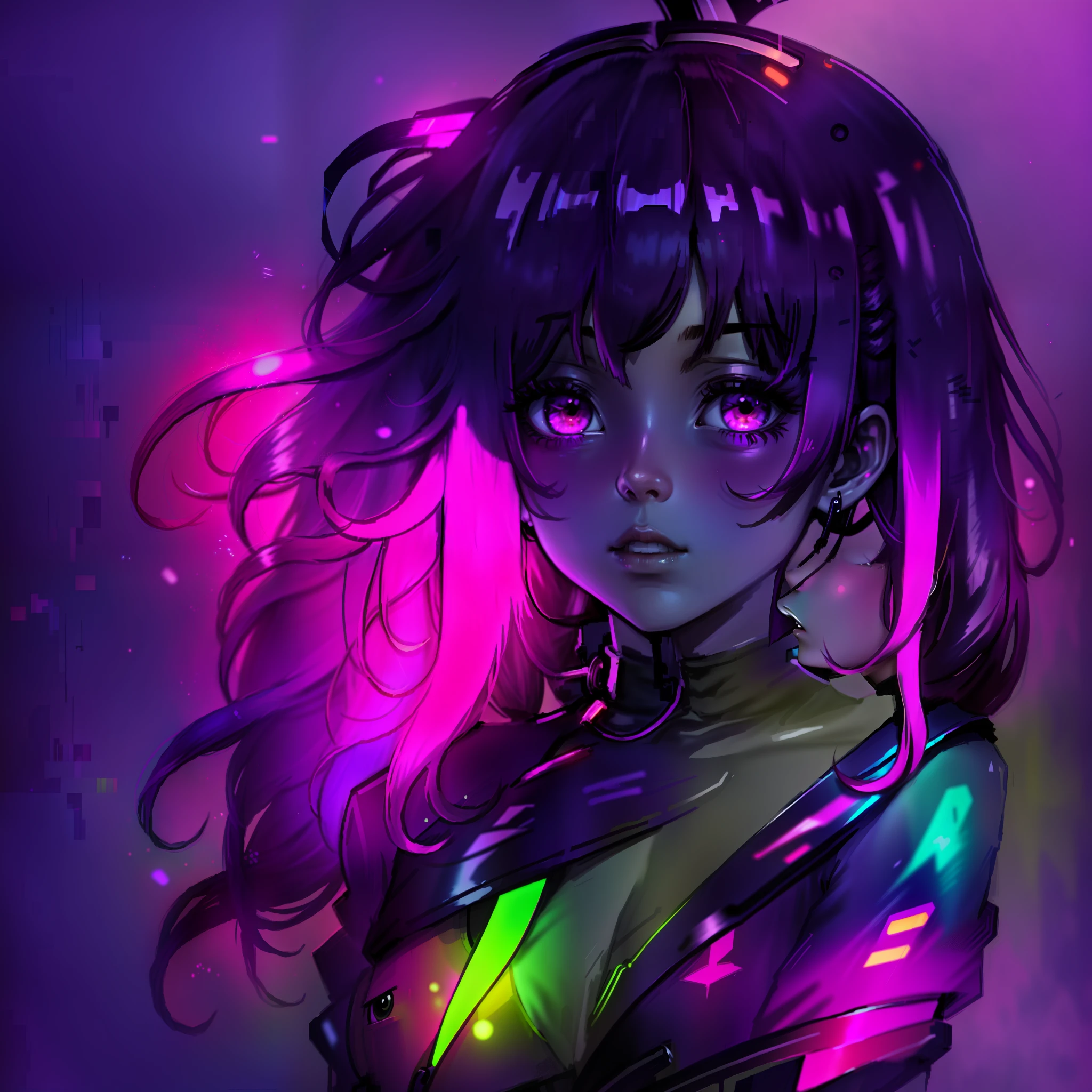 girl anime hair curled flouresente shiny, color purple neon orange neon