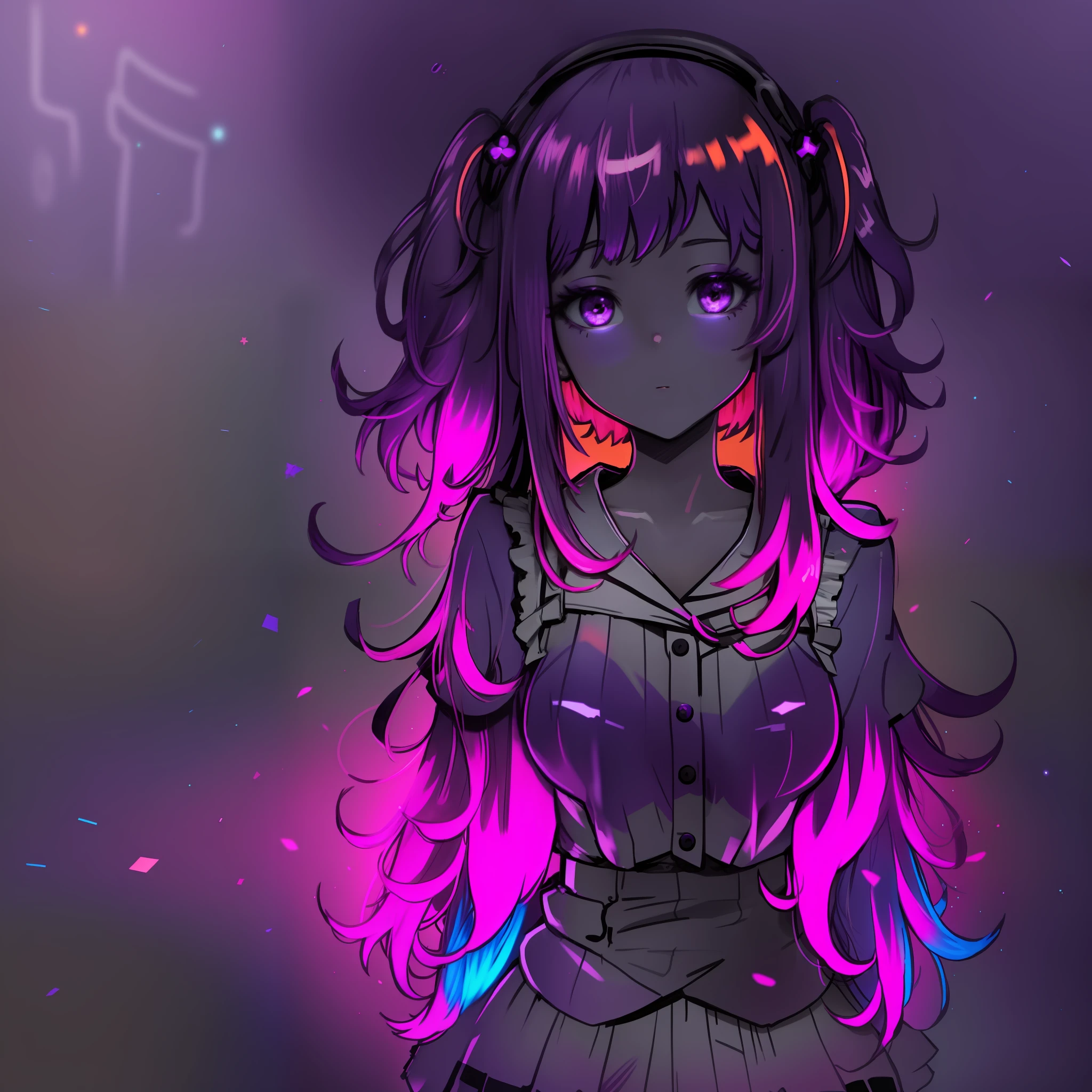 girl anime hair curled flouresente shiny, color purple neon orange neon