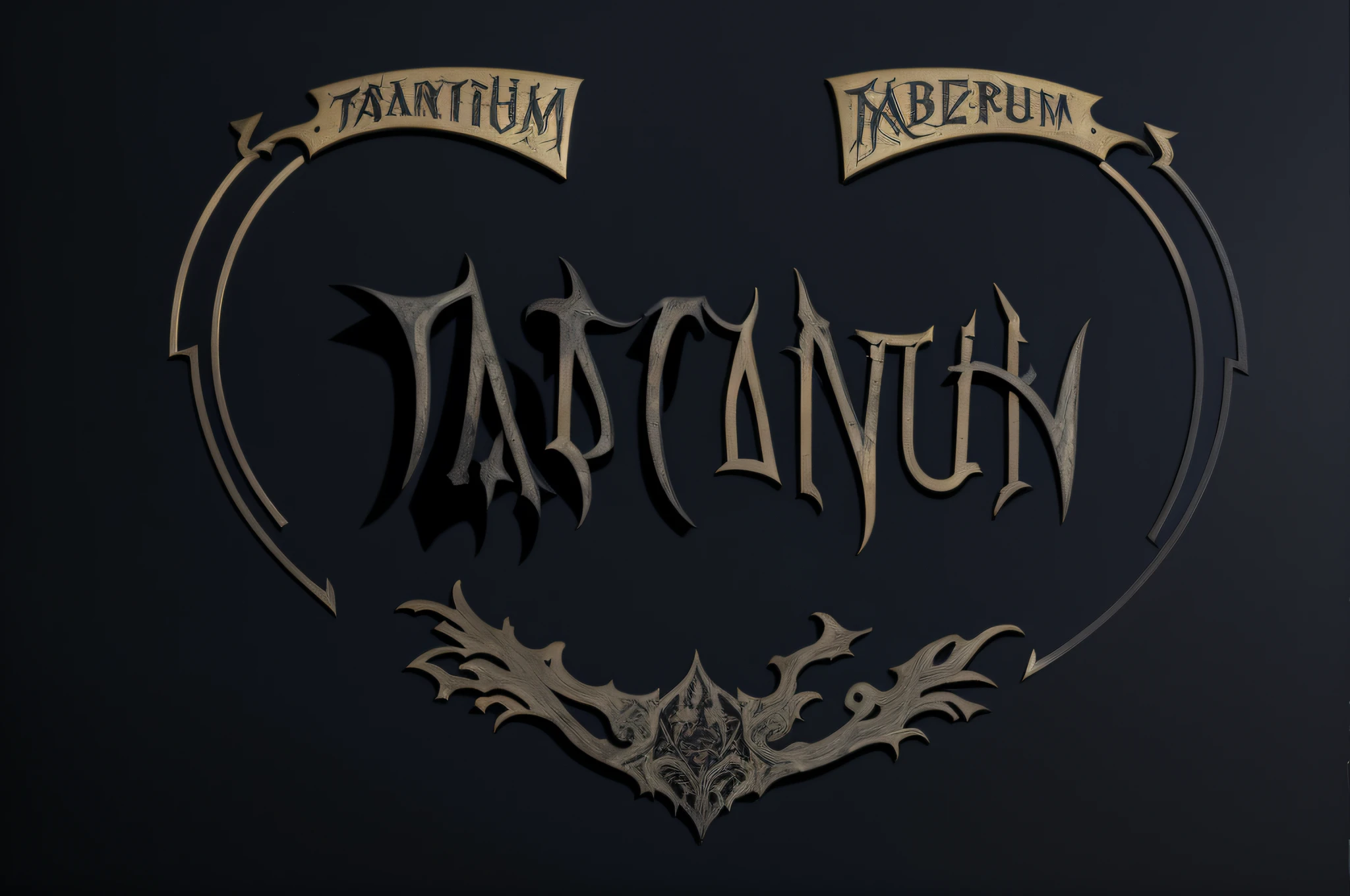 close-up of a metal plate that says TARTANUM, stunning arcane backdrop, black metal band font, inspired by Jacob Kainen, by Tadeusz Pruszkówski, black metal band logo, header with logo, black metal logos, octain rendering, inspired by Fabien Charuau, titanium