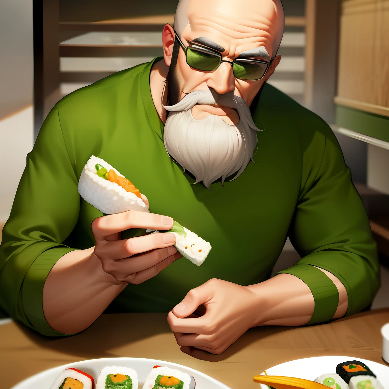 Man dressed in green with yellow beard eating sushi
