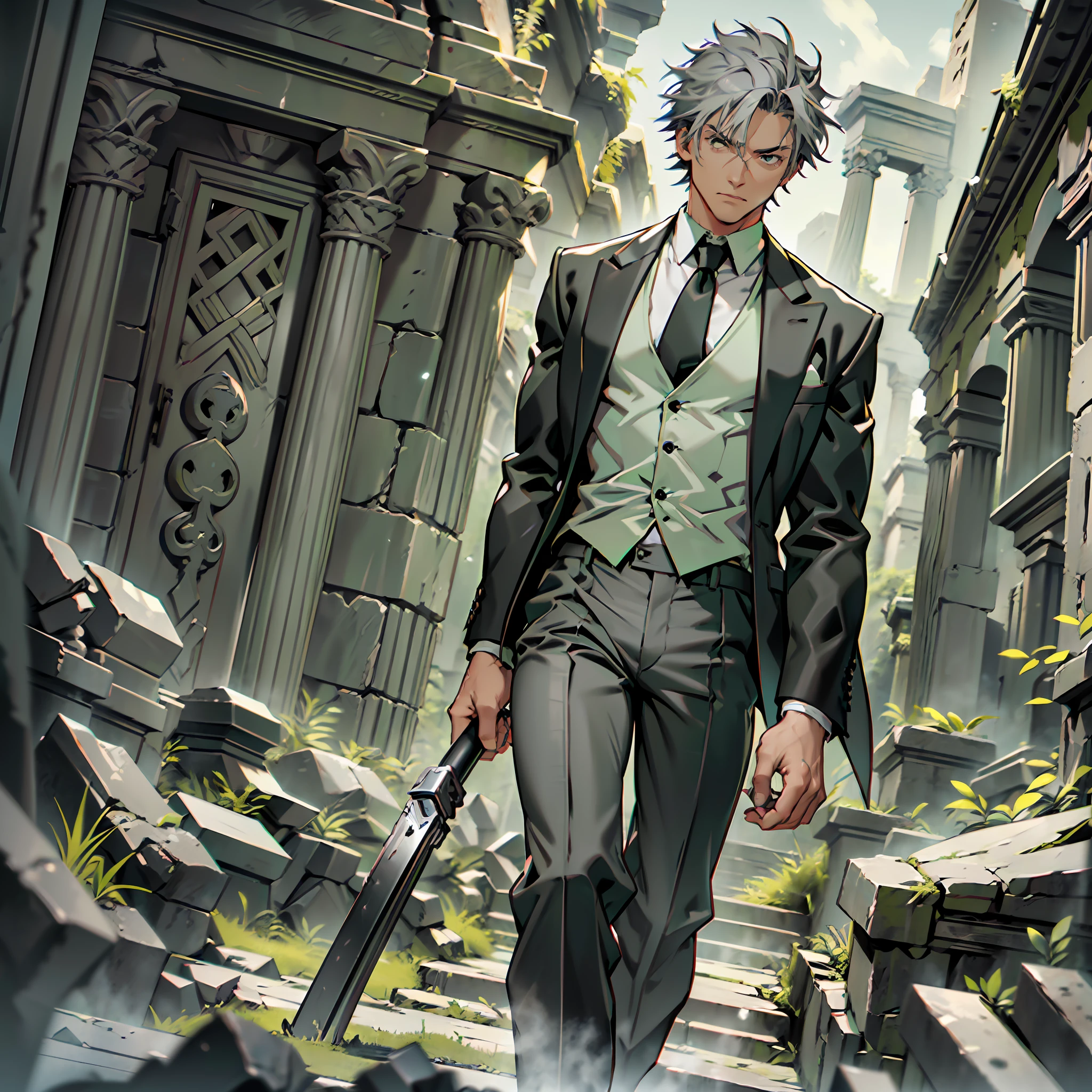 Man of defined body, alone, pistols in his hands, gray hair, locks of hair in moss green tone, short hair, ((social blouse of black and gray color, black and long gray pants)), social shoes of black color, serious look, eyes of light green color, ancient ruins, black tie.