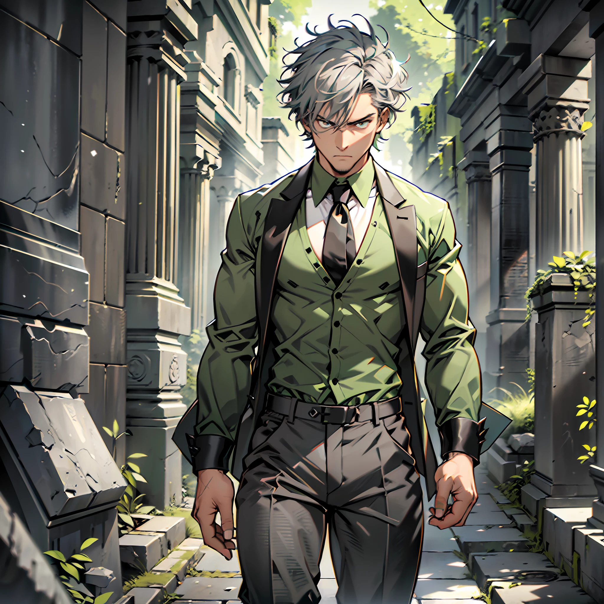 Man of defined body, alone, pistols in his hands, gray hair, locks of hair in moss green tone, short hair, ((social blouse of black and gray color, black and long gray pants)), social shoes of black color, serious look, eyes of light green color, ancient ruins, black tie.