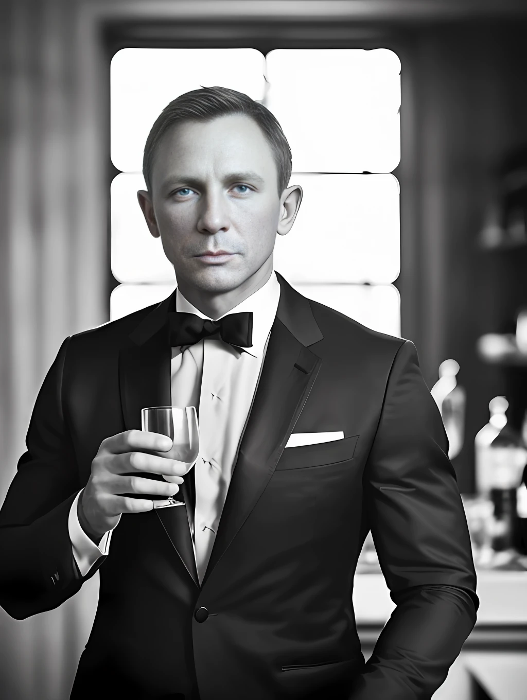 award winning (portrait photo:1.4) of a handsome man, 007danielcraig ,holding a glass of Martini on a bar, by lee jeffries nikon d850 film stock photograph 4 kodak portra 400 camera f1.6 lens rich colors hyper realistic lifelike texture dramatic lighting unreal engine trending on artstation cinestill 800 (vignette:1.3), filmgrain, blurred background (looking away:1.3)