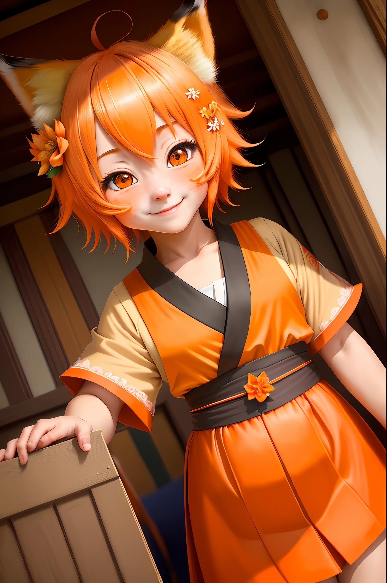 high detail, (photorealistic), realistic, masterpiece, best quality, ((portrait of Senko-san's face The helpful fox )), Senko-sancroptop, detailed face, detailed eyes, (hair flower), (hair ornament), (orange eyes), (orange hair), (short hair), tail, flat chest, kimono, miko, happy, [smile, [pointed collar], pentagram] high