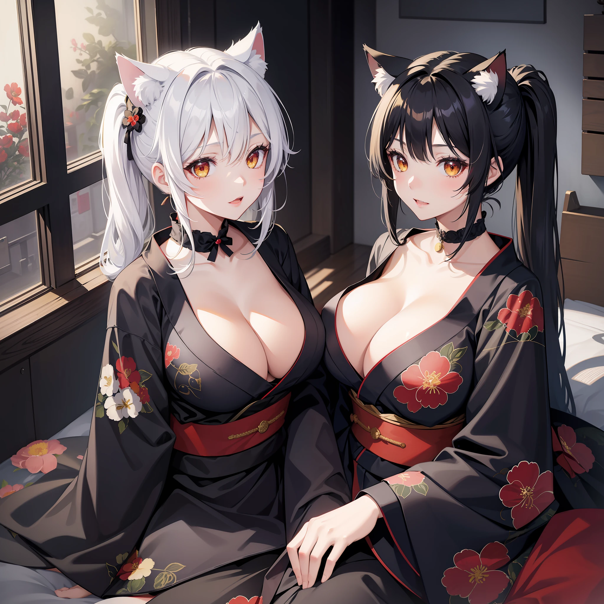 masterpiece, high resolution, high quality, 2 girls, bedroom, morning, black kimono, big breasts, cat ears, floral pattern, red eyes, black hair, ponytail, white kimono, big breasts, cat ears, floral pattern, yellow eyes, white hair, twin tails,