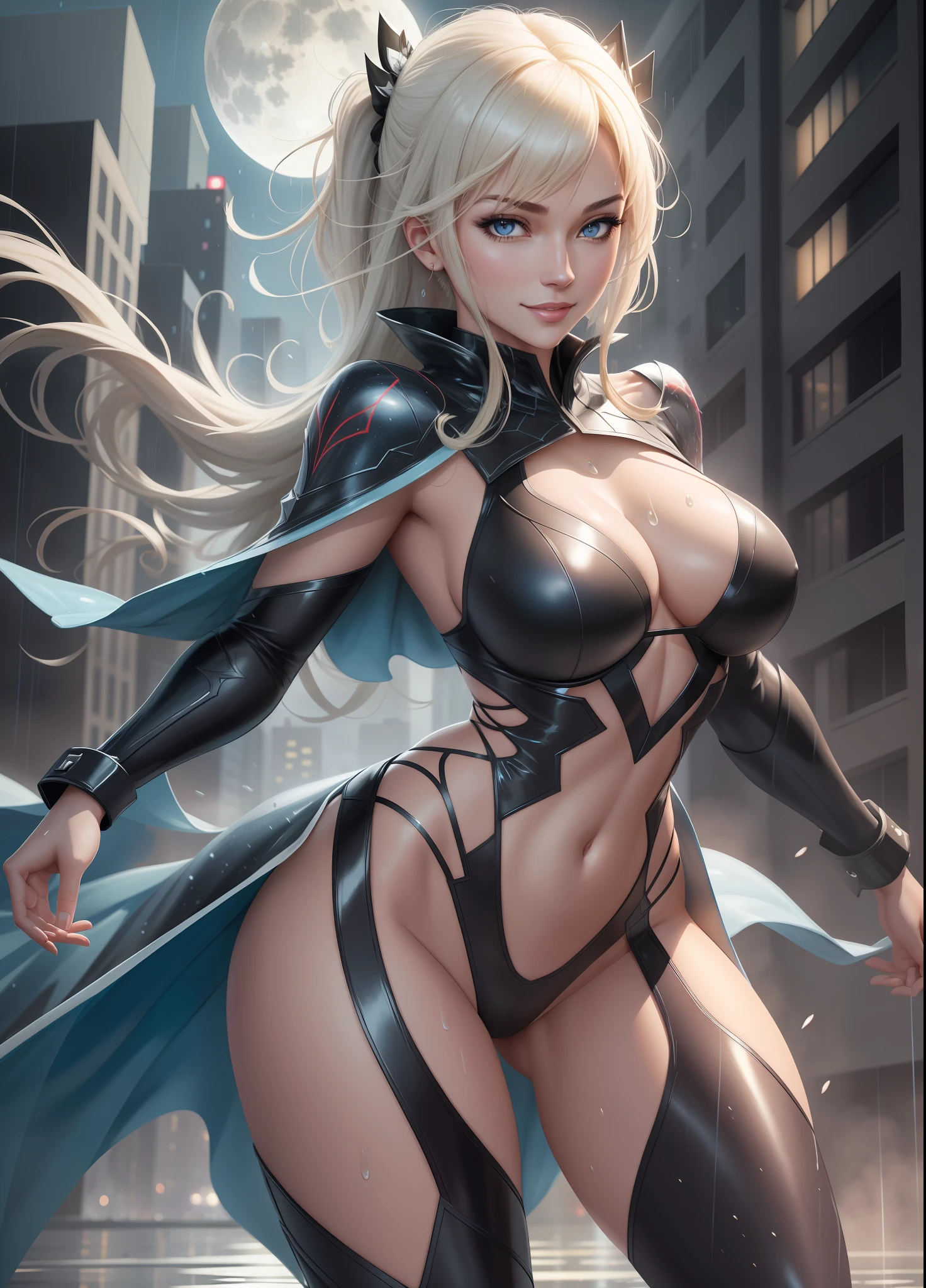 "Create a Full Body Image", "Ghost Spider standing, in organic white clothing with black emblem, extremely tight bodysuit, big breasts, well defined body, short blonde hair and blue eyes", "she is looking directly at the viewer, clenched fists up, flamboyant position, she is on top of a building at night with a beautiful luminous full moon, anatomically correct raining, her hair and clothes are all soaked in water, the clothes are semi transparent", "Mortal Kombat Style, embarrassed, seductive smile, Anime Style, Action painting, 16k, best quality, high details, UHD, masterpiece, anatomically correct"