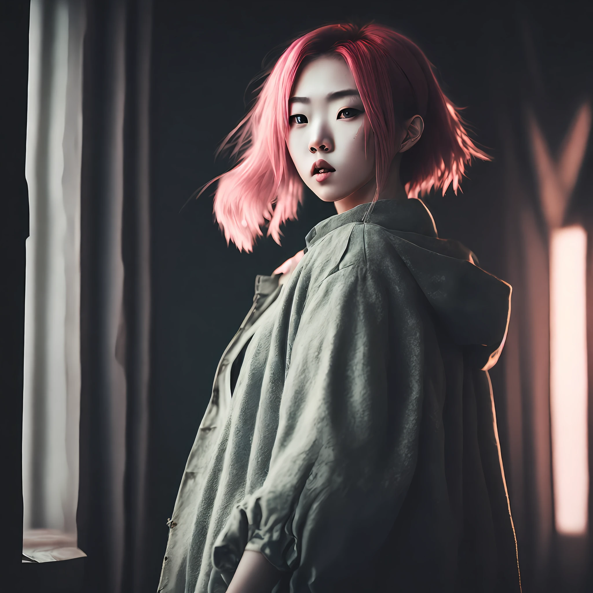 Photograph of a beautiful young woman standing (full-length), in a short skirt, ((hug yourself)), in a dark room, the light from the window behind him, (in the center of the frame), front light, portrait, faded lighting, detailed face, 4k, ((1girl)), full frame, looking at the camera, beautiful face, Sakura Haruno (Naruto), pink hair, green eyes