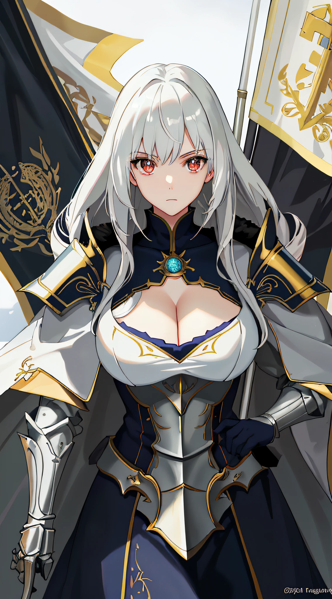 best quality,masterpiece,1girl,mature female,upper body,portrait,anime,paladin,hiqcgbody,large breasts,cleavage,white hair,perfect face,glowing eyes,armored dress,cape,coat,fur,fantasy background,depth of field,flag in background,looking at viewer,motion blur,dynamic angle,