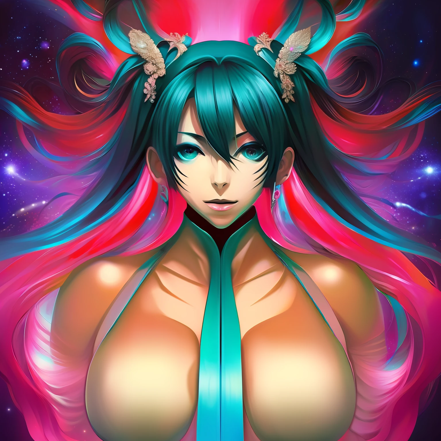 Hatsune Miku, face by artgerm, symmetrical eyes, galaxy, andy warhol, amazing, symmetrical, galaxy, gothic, character concept, oil painting, portrait, symmetrical body, body only, seductive