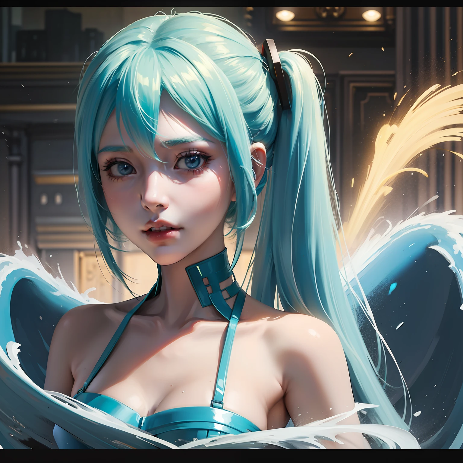 Hatsune Miku, by artgerm, by beeple, volumetric lighting, octane render, 4K resolution, trending on artstation, masterpiece