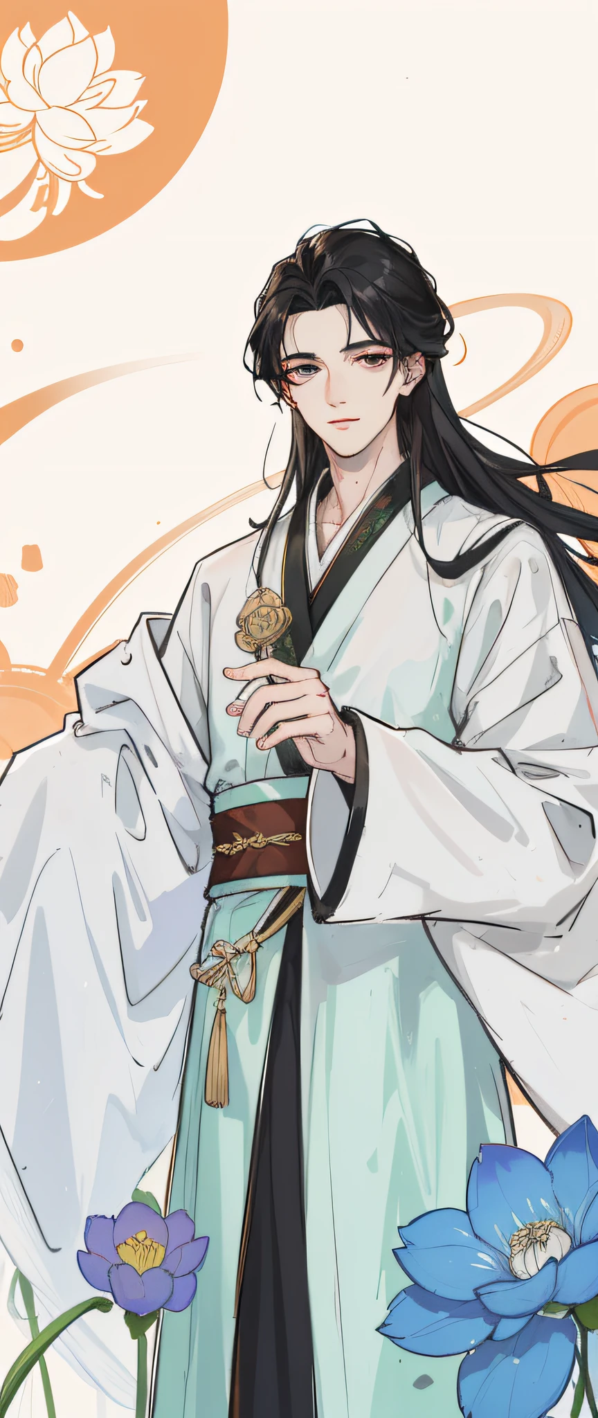 ((4k, masterpiece, best quality)), shuimobysim, Chinese painting, lotus, hanfu, chinese clothing, maxiskit, dress conservative, (black robe), 1boy, tall, thin, handsome, handsome boy, (dashing), {detailed facial description}, {fine face description}, {fine eye description}, {{ultra HD}}, solo, chinese garden, smile, long hair, standing, in the rain, mist, light
